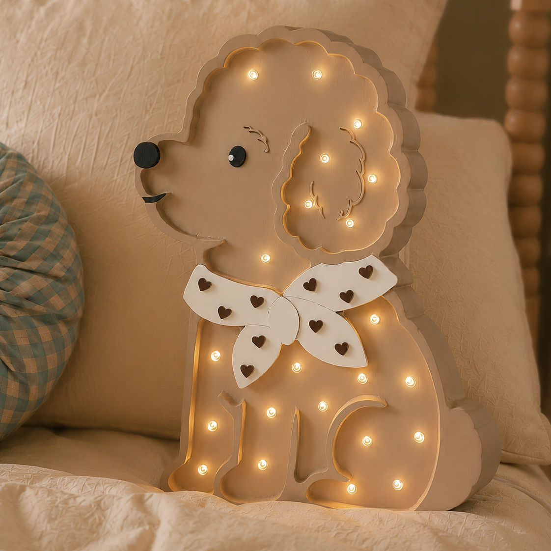 Poddle Dog wooden baby night light sitting on the bed in girl's room