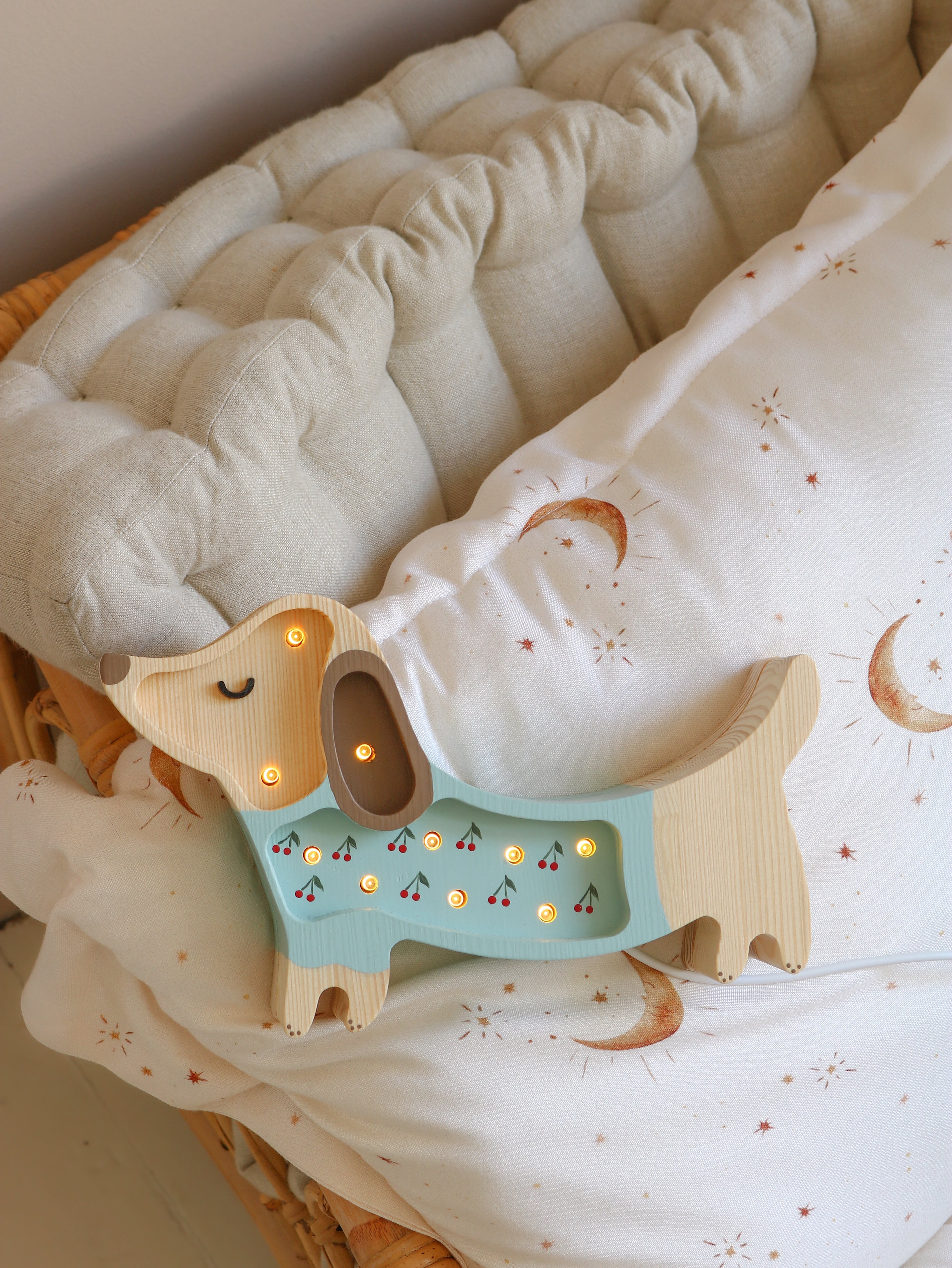 Little Lights Mini Puppy Cherries on Blue — wooden LED lamp with remote and dimmer, adorable night light for babies and kids