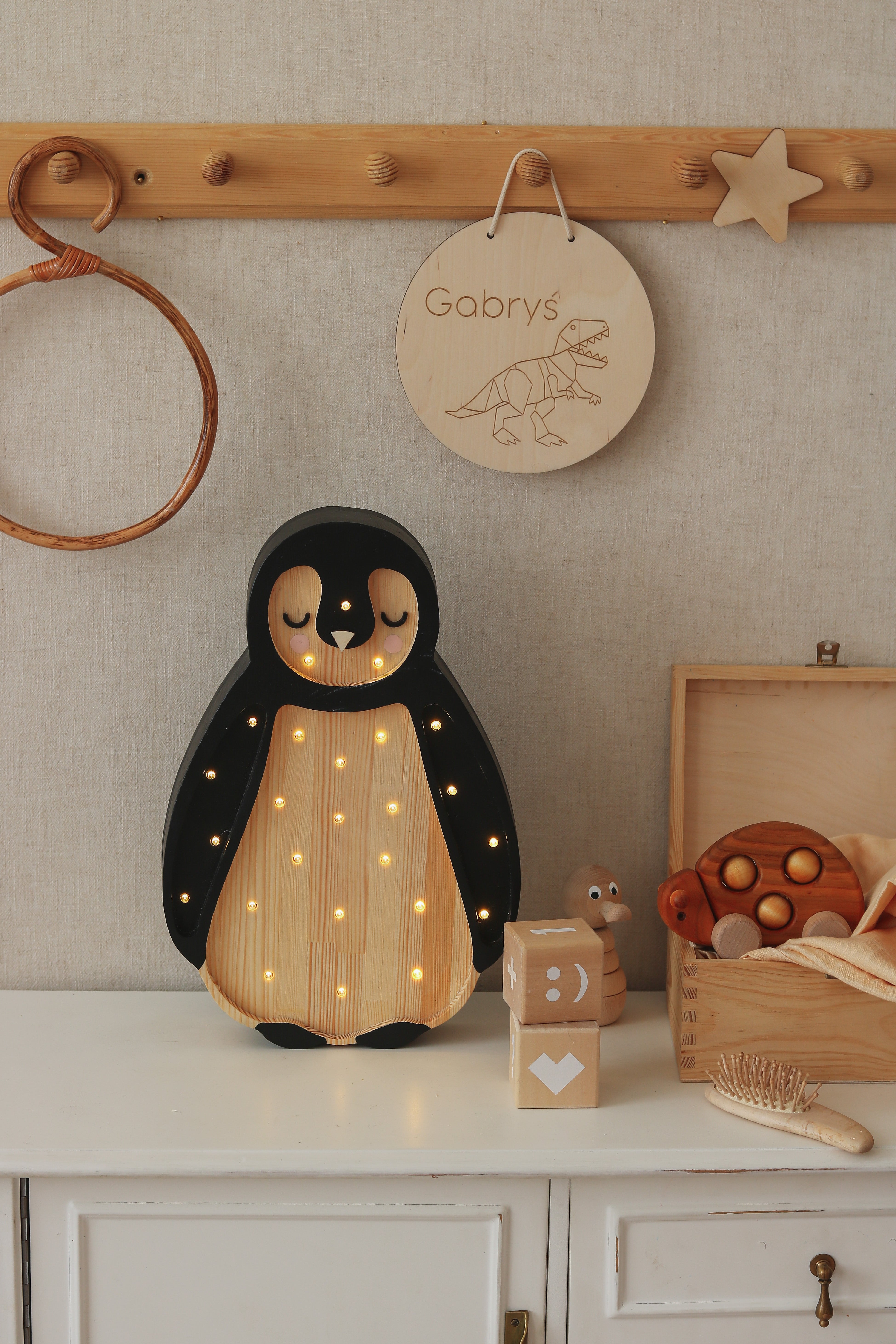 Arctic Wood penguin lamp by Little Lights, handmade wooden LED nightlight with dimmer