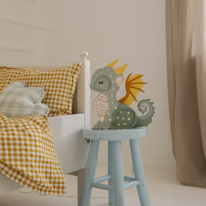 Wooden dragon lamp in hunter green – dimmable kids room decor and baby gift.