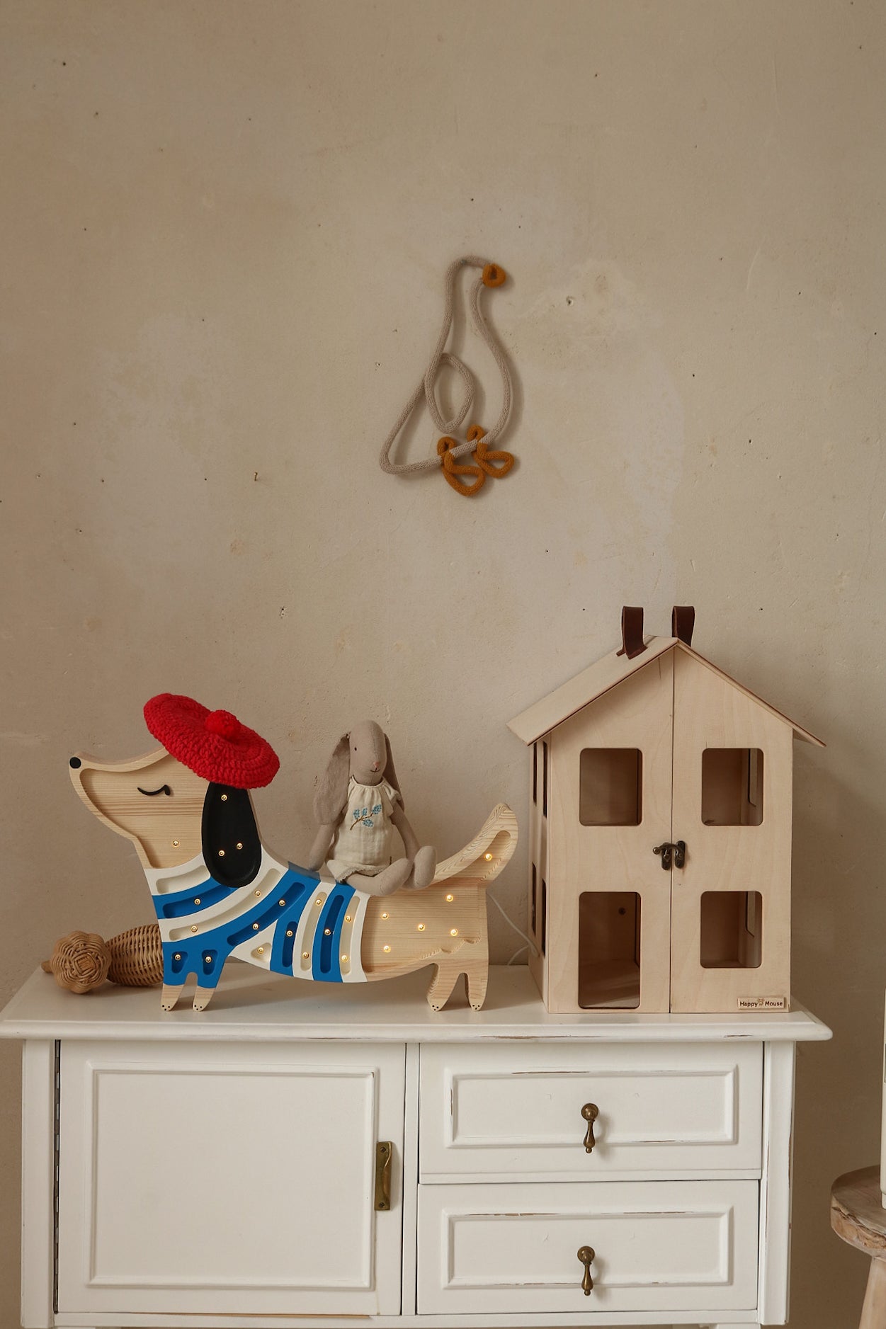 French Style Puppy Lamp by Little Lights, handcrafted wooden LED nightlight with remote control.