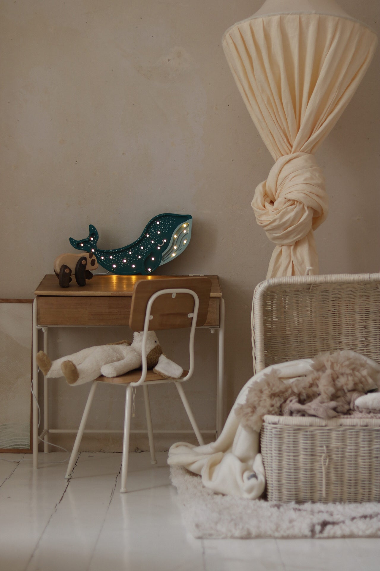 Wooden Whale Lamp in Galaxy Teal with soft dimmable LED glow and remote control