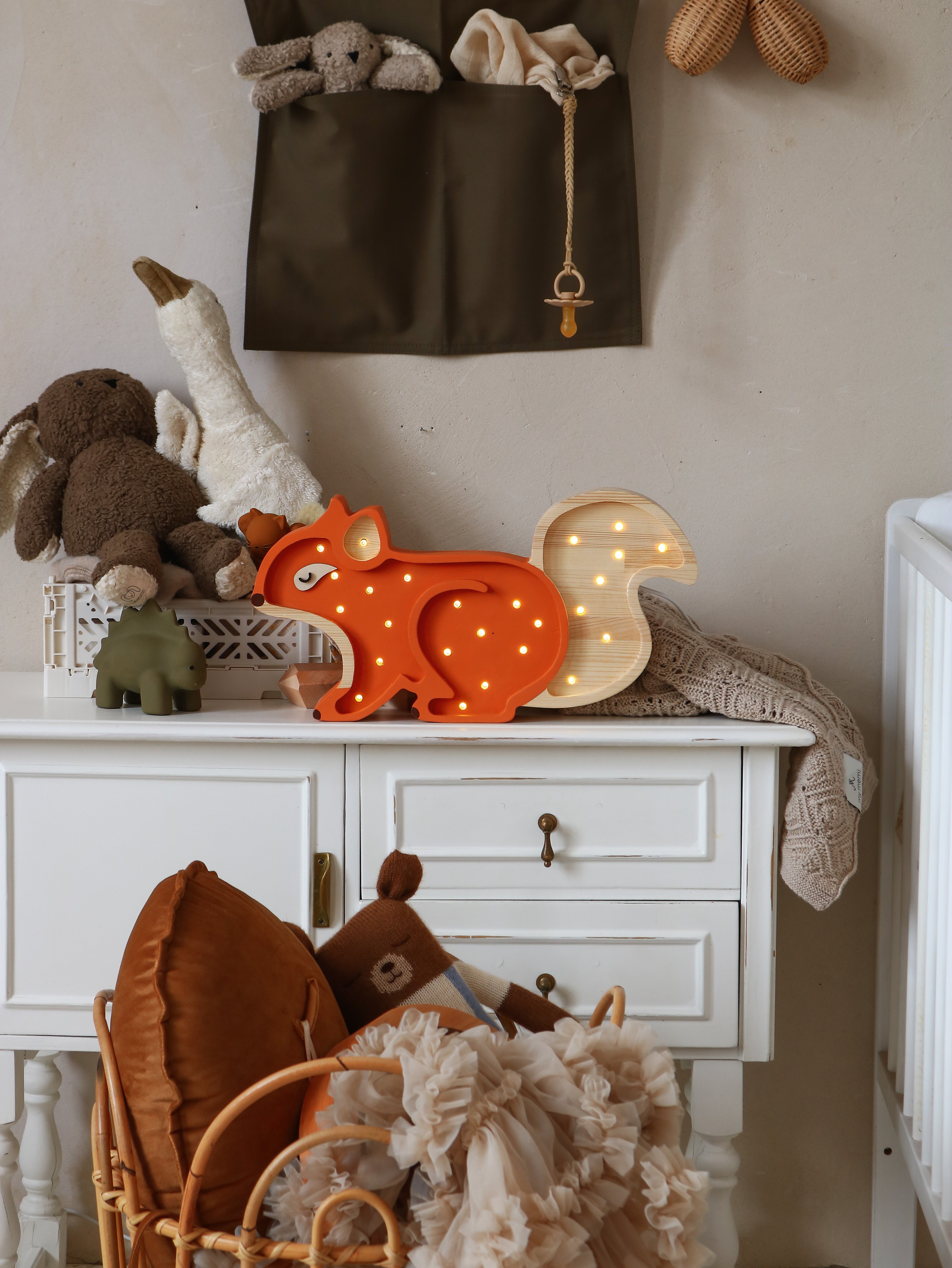 Ginger Wood Squirrel Lamp by Little Lights, handcrafted wooden kids’ room nightlight with dimmable LED