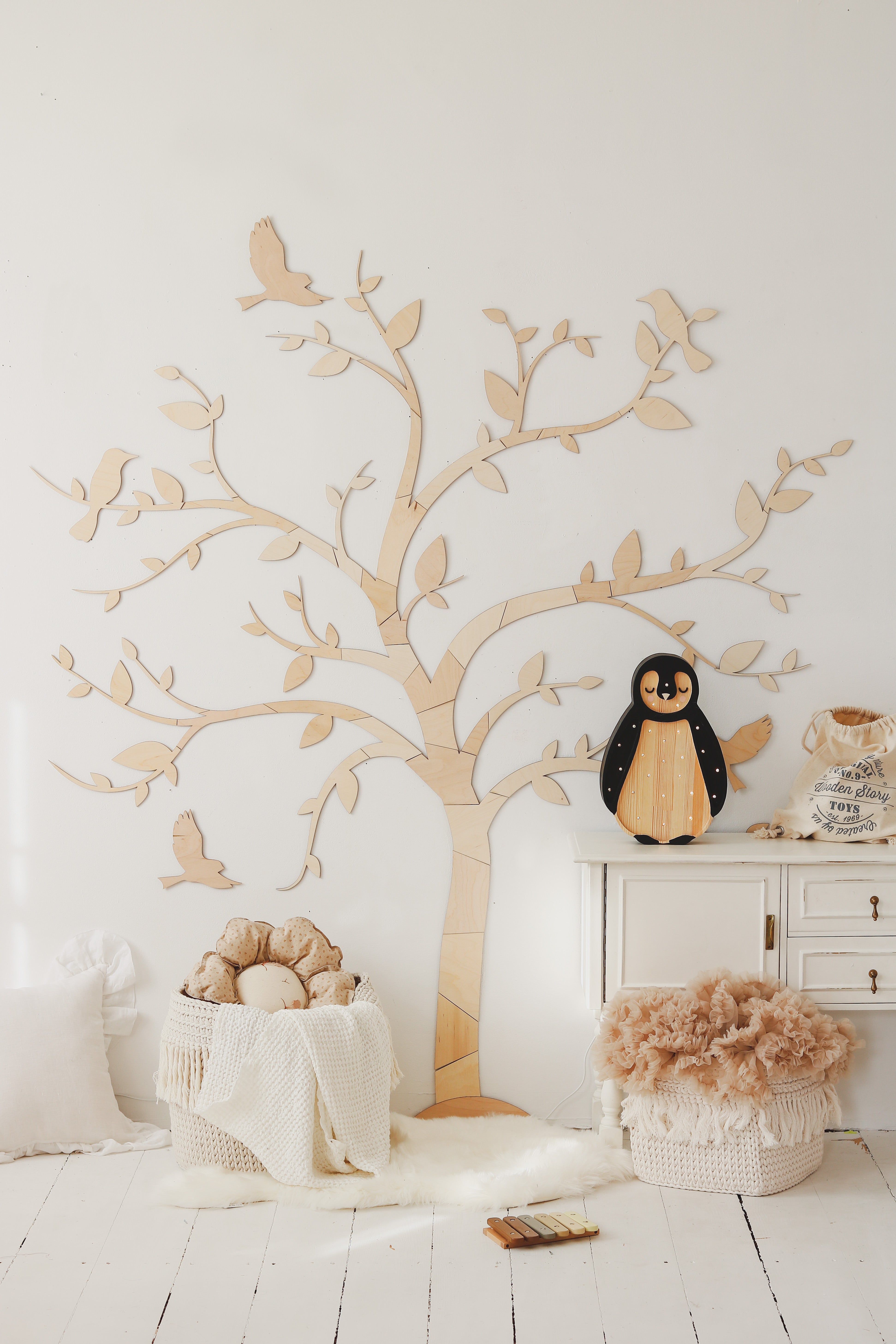 Little Lights wooden penguin night light in Arctic Wood with remote and dimmable LED glow
