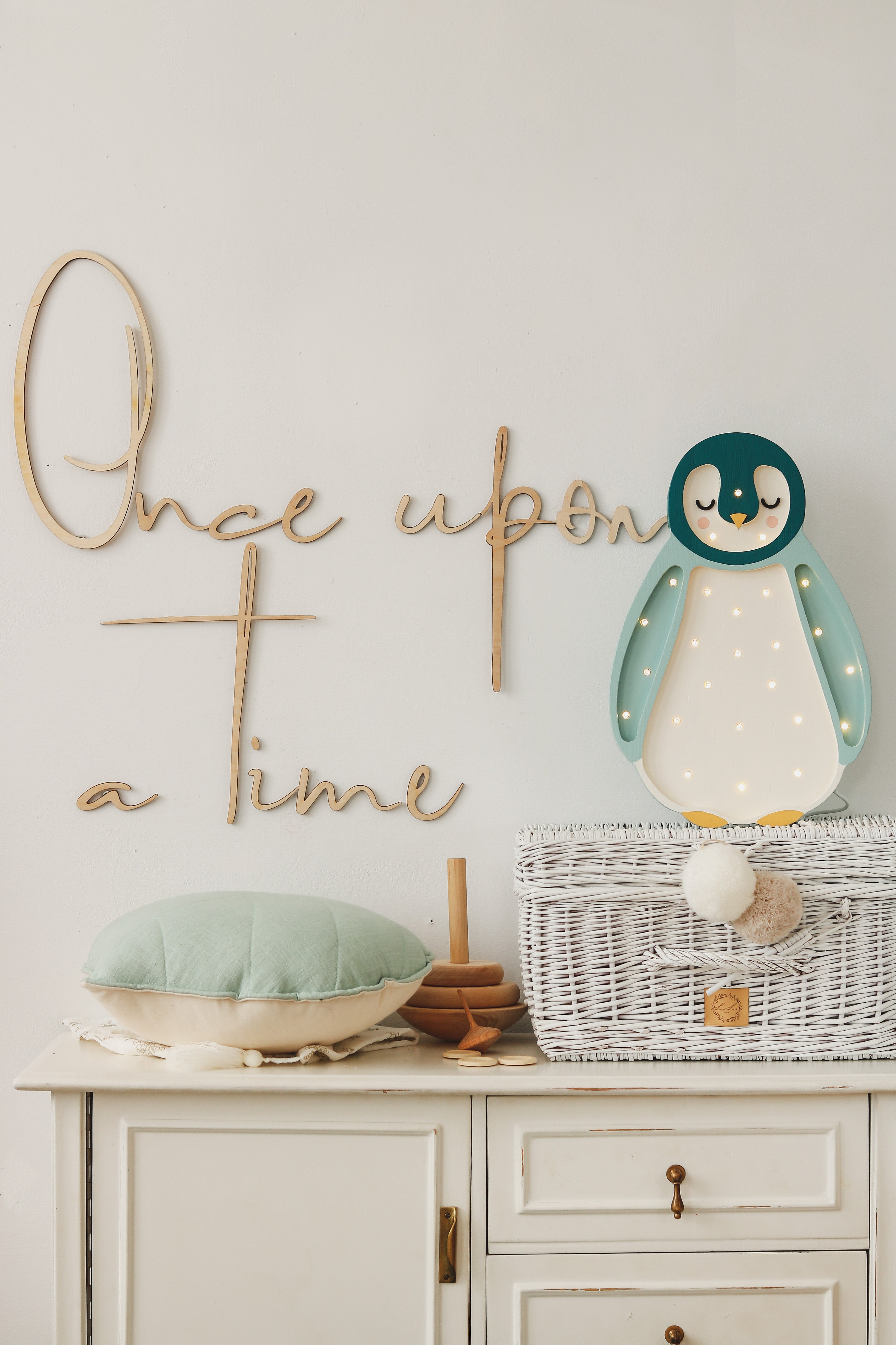 Little Lights teal wooden penguin nursery lamp with remote and dimmable LED glow