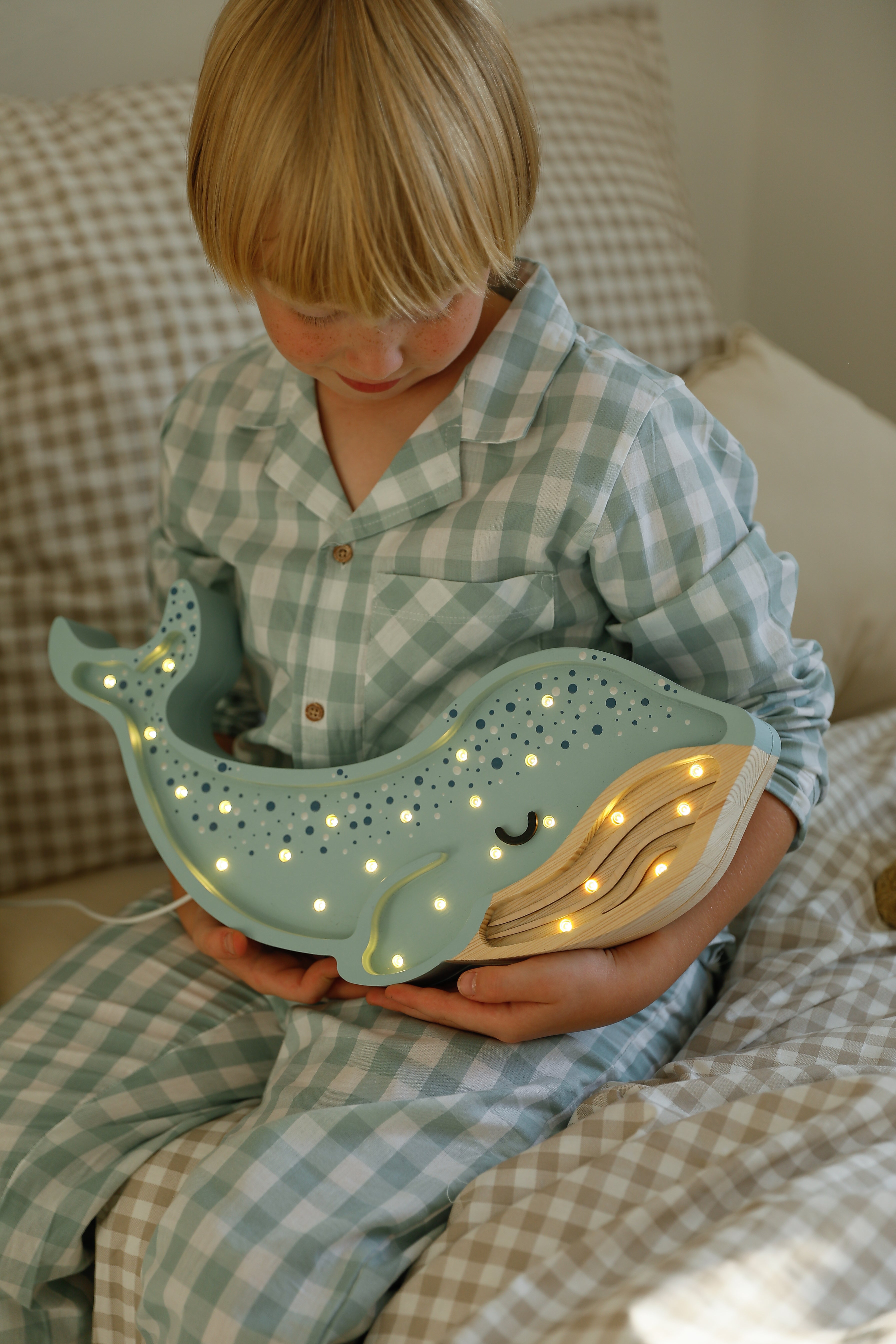 Wooden Whale Lamp in Lagoon Waves with soft remote-controlled LED glow