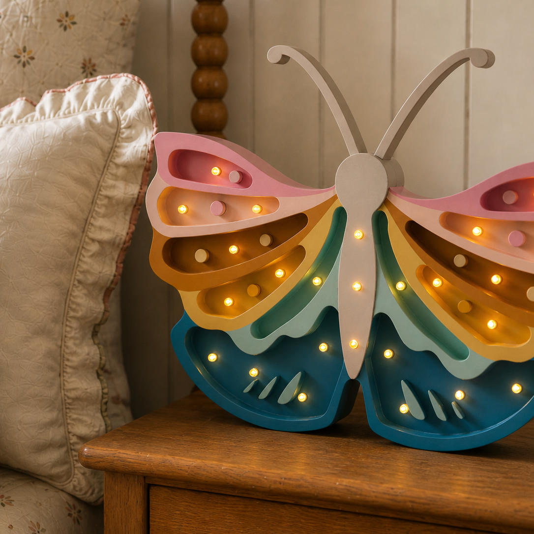 Little Lights retro rainbow Butterfly wooden night light in a girl's room