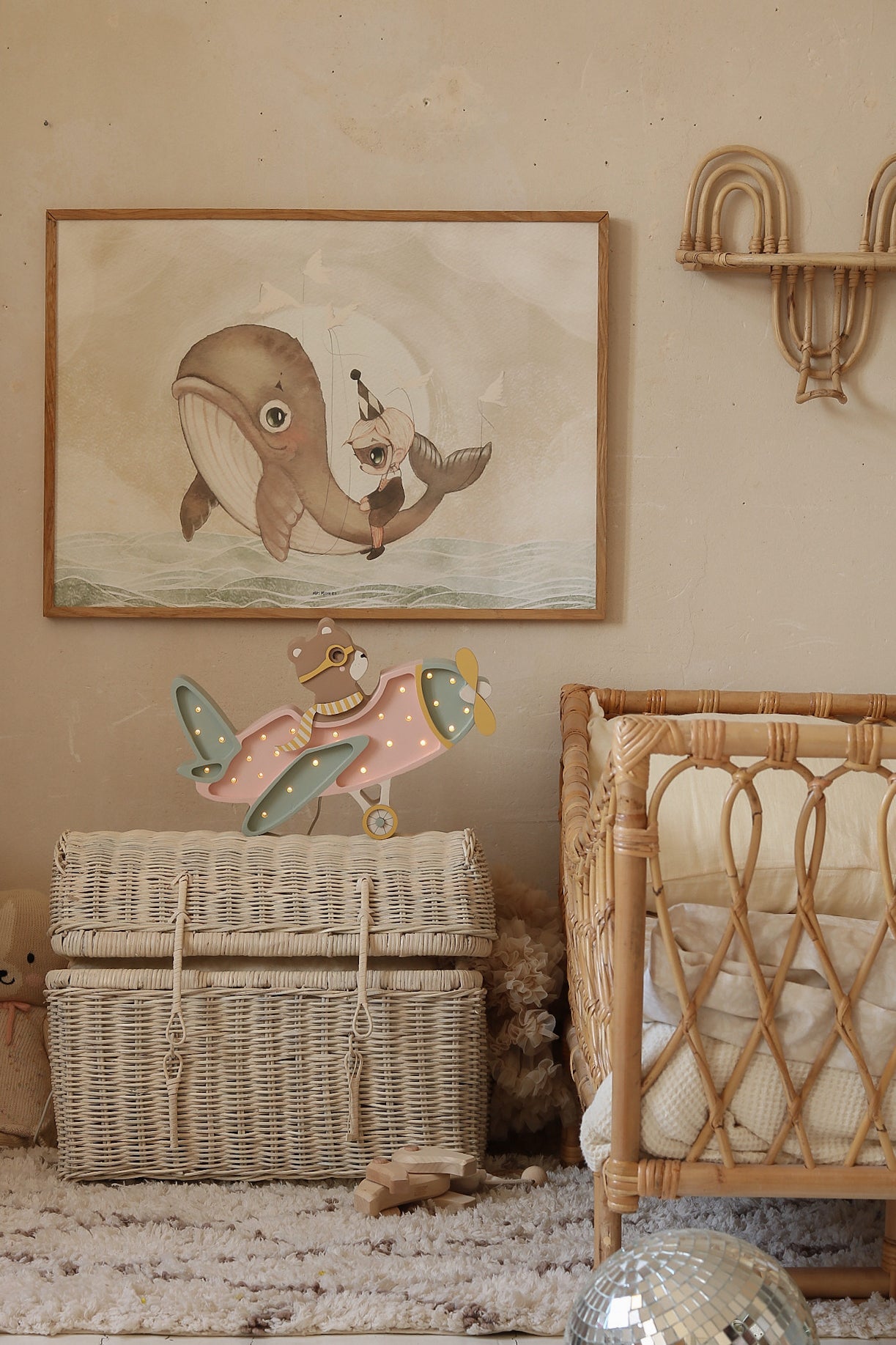 Handmade wooden Candy Sweet airplane night light featuring a bear pilot, dimmable LED