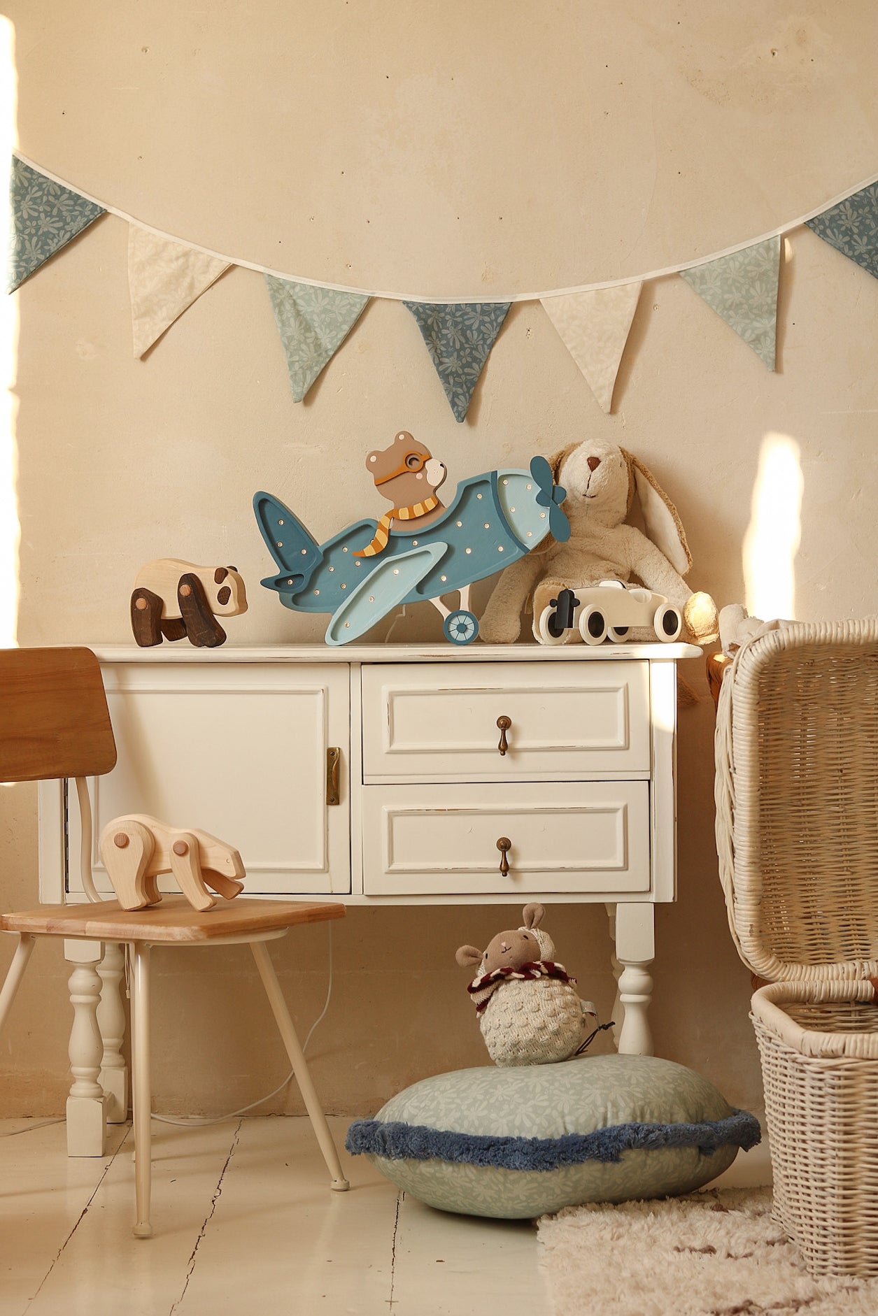 Handmade wooden Denim Blue airplane night light with bear pilot, dimmable LED