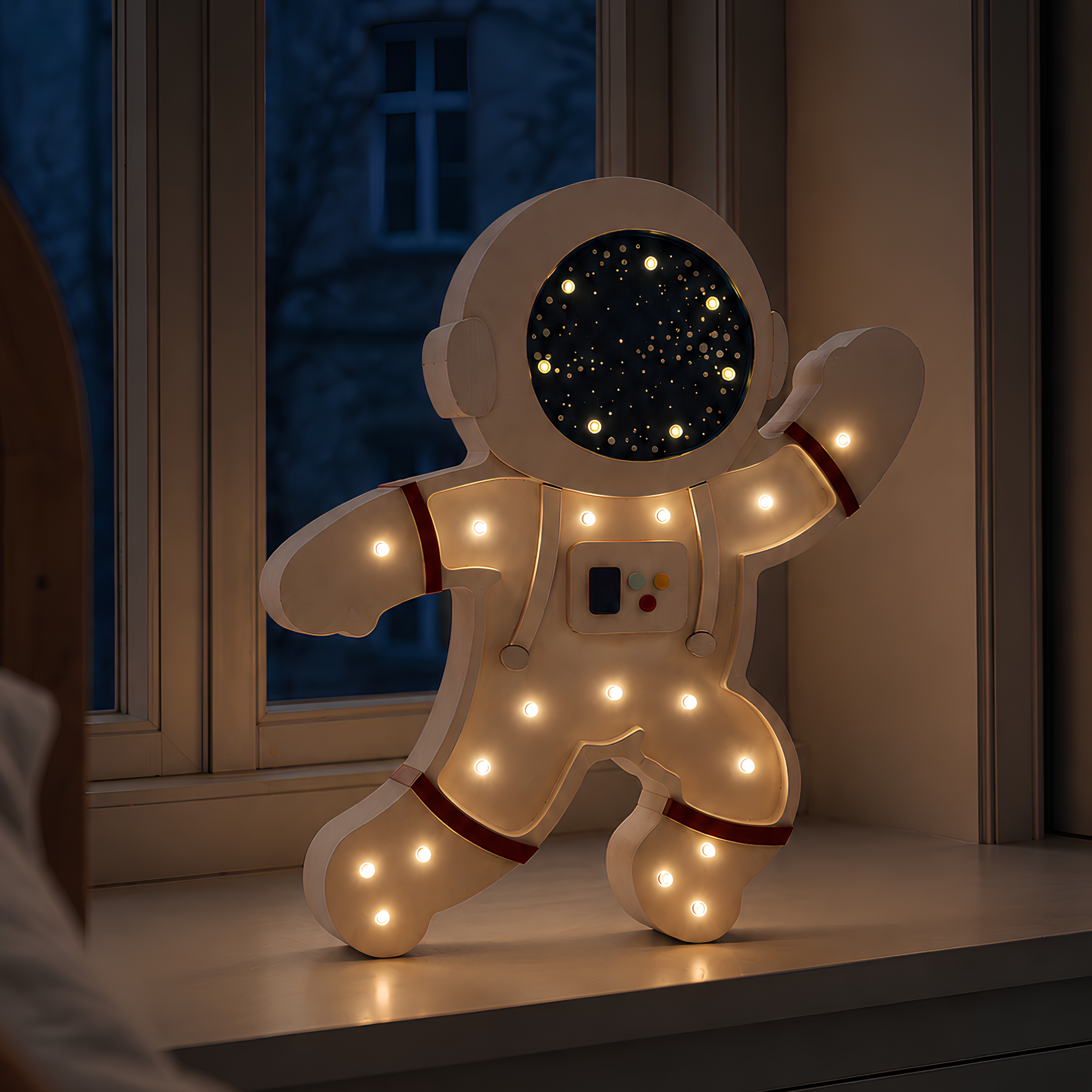 Little Ligts Astronaut Wooden Handmade lamp glowing softly in the evening by the child's bed
