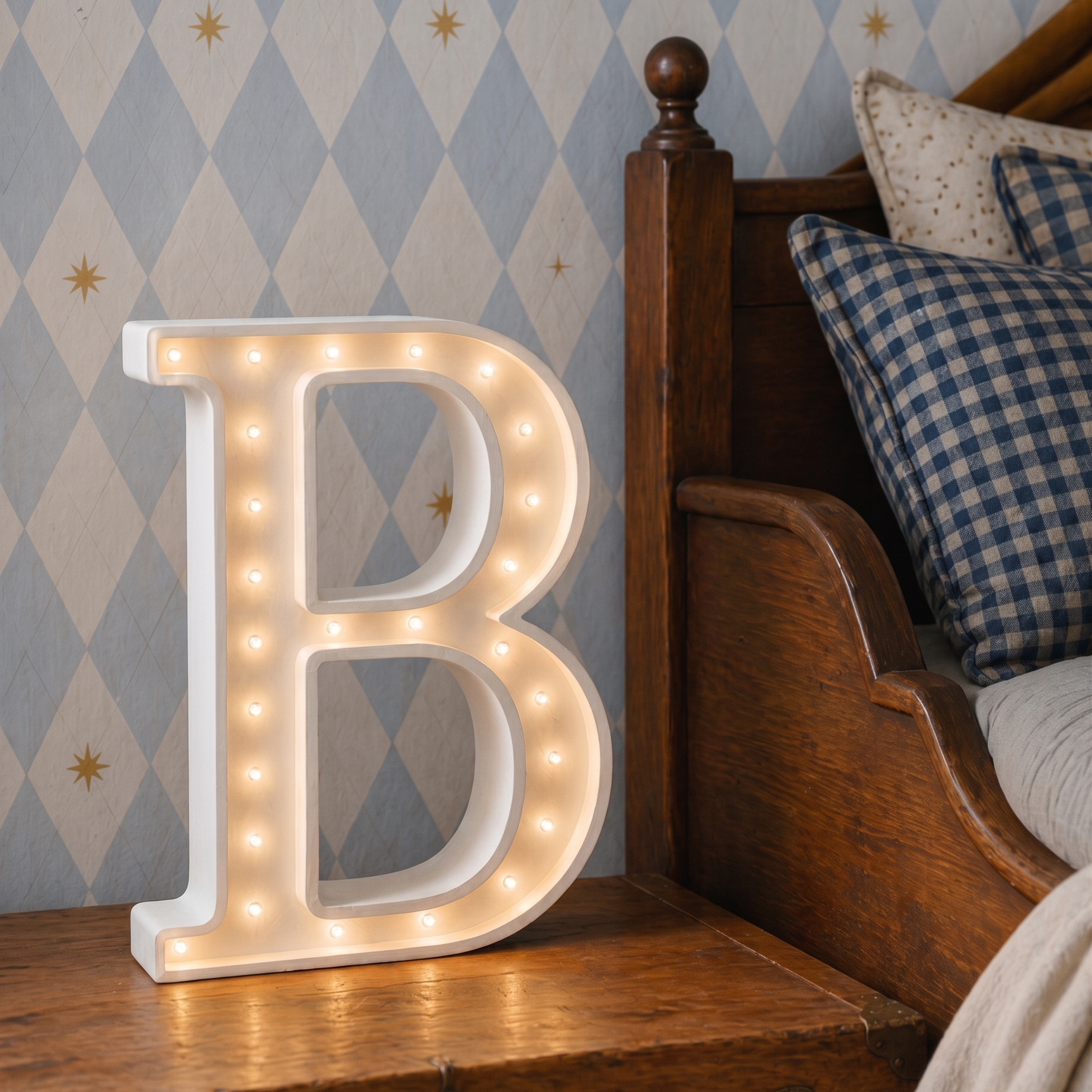Little Lights B Letter Lamp by the bed in a boy's room
