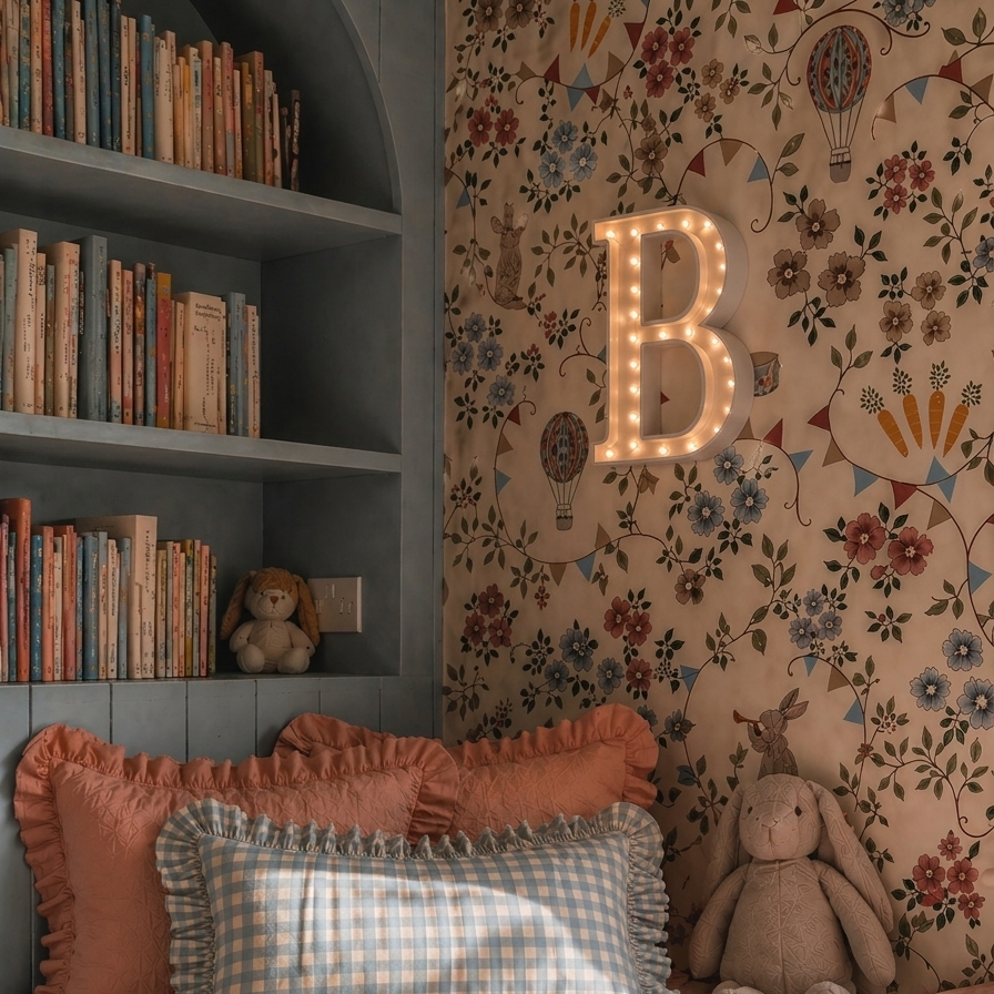 Little Lights B Letter Lamp hanging on the wall in a girl's bedroom