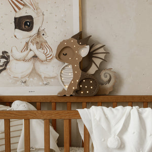 Little Lights Dragon Lamp glowing in tiramisu brown – perfect wooden baby gift