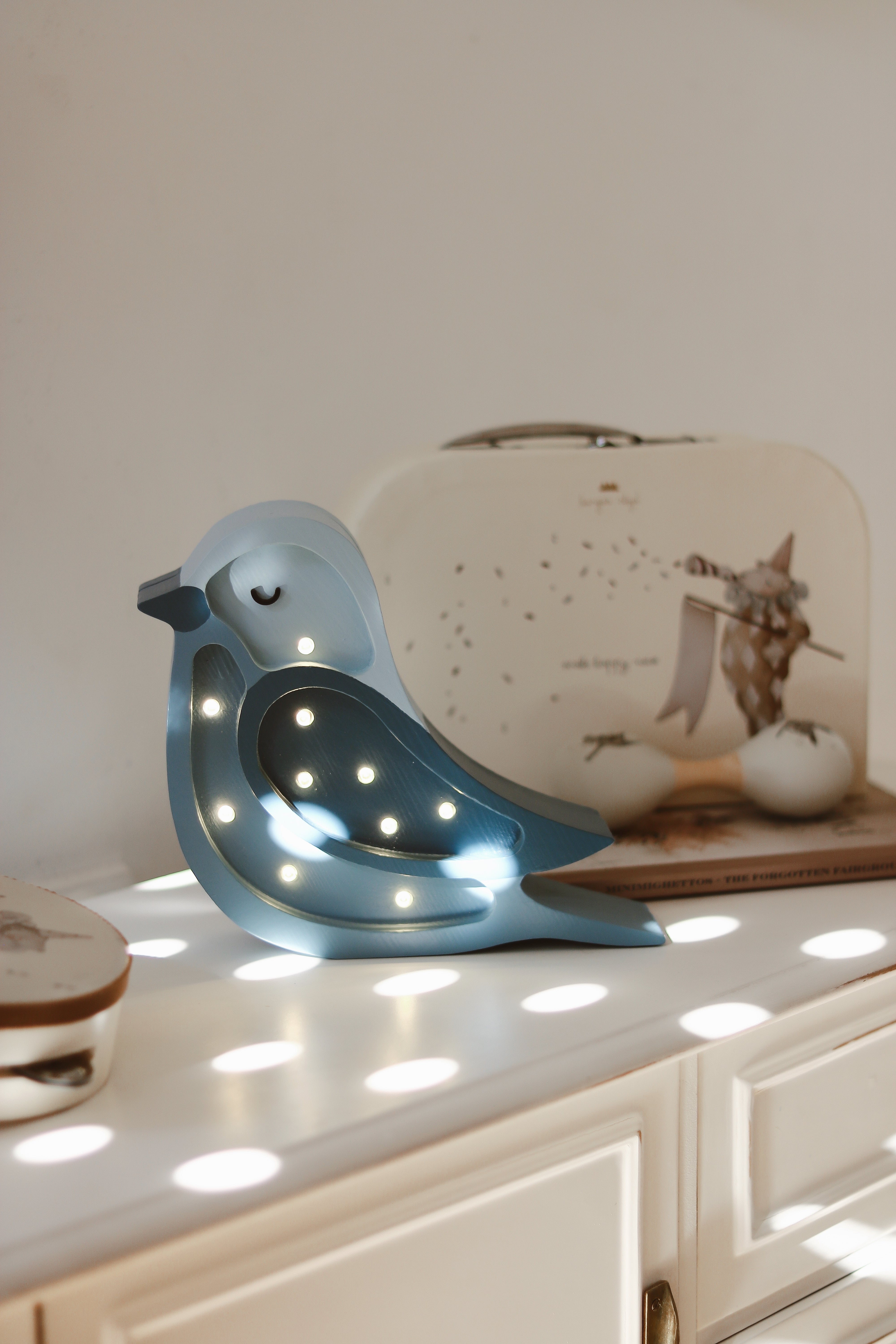 Denim blue bird lamp with dimmer and remote, perfect for nursery deco