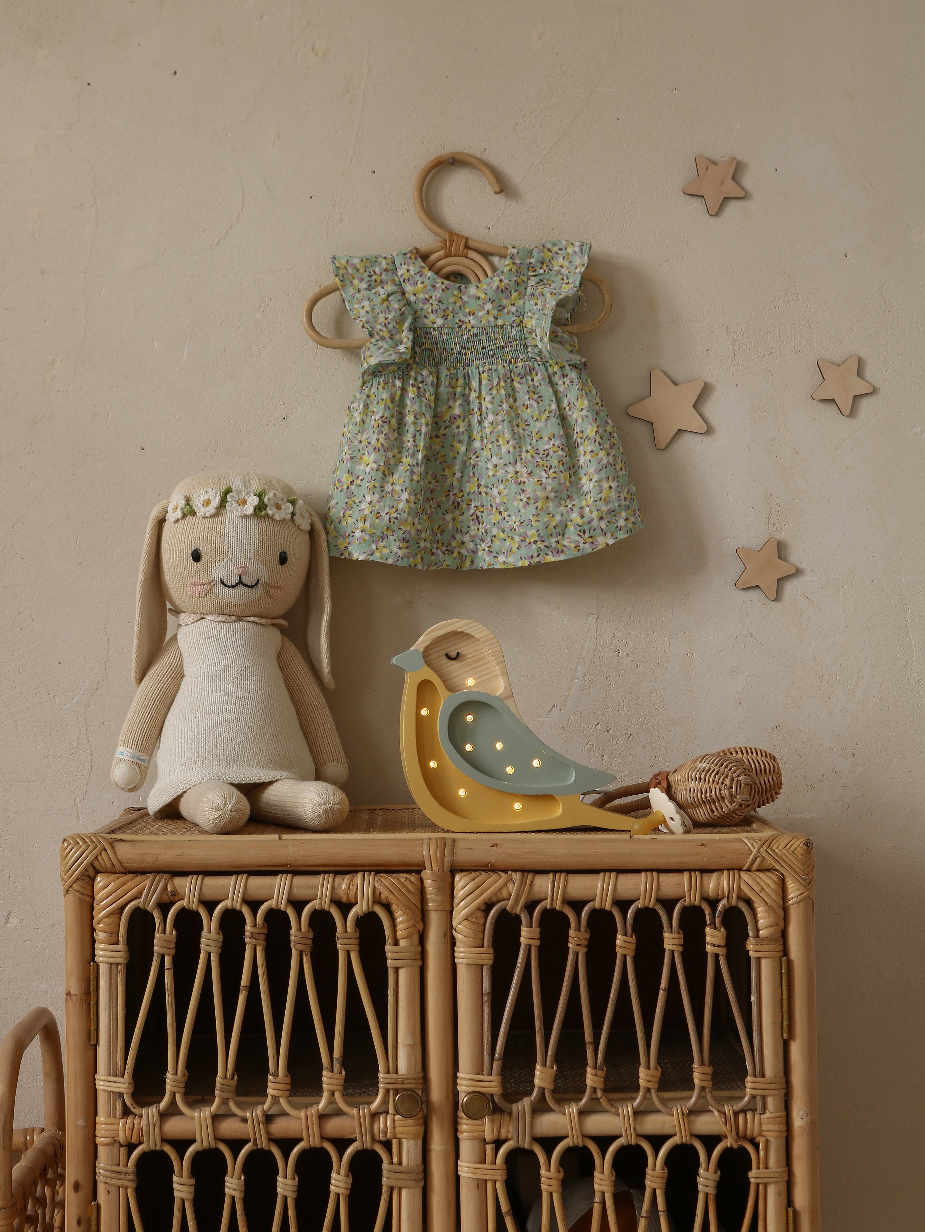 Mustard yellow wooden bird night light with dimmer and remote by Little Lights