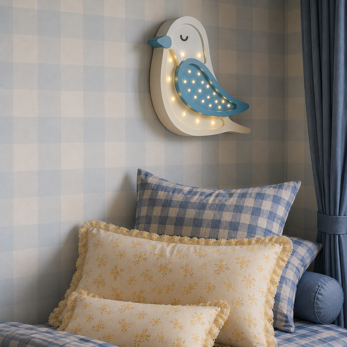 Little Lights Blue bird Lamp hanging un the wall next to the bed in a kid's room