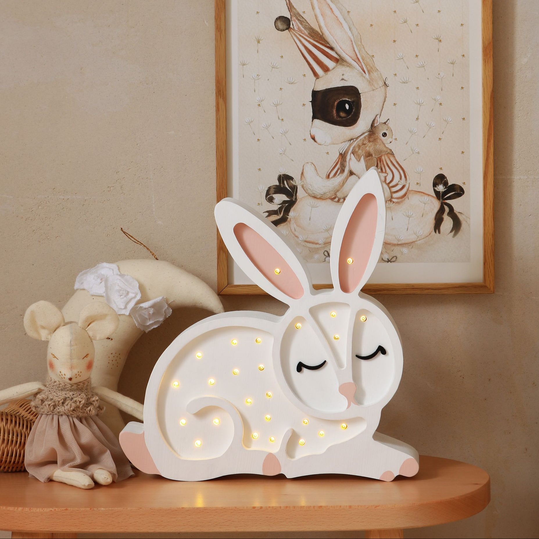 Little Lights white Bunny lamp on a table in kid's room