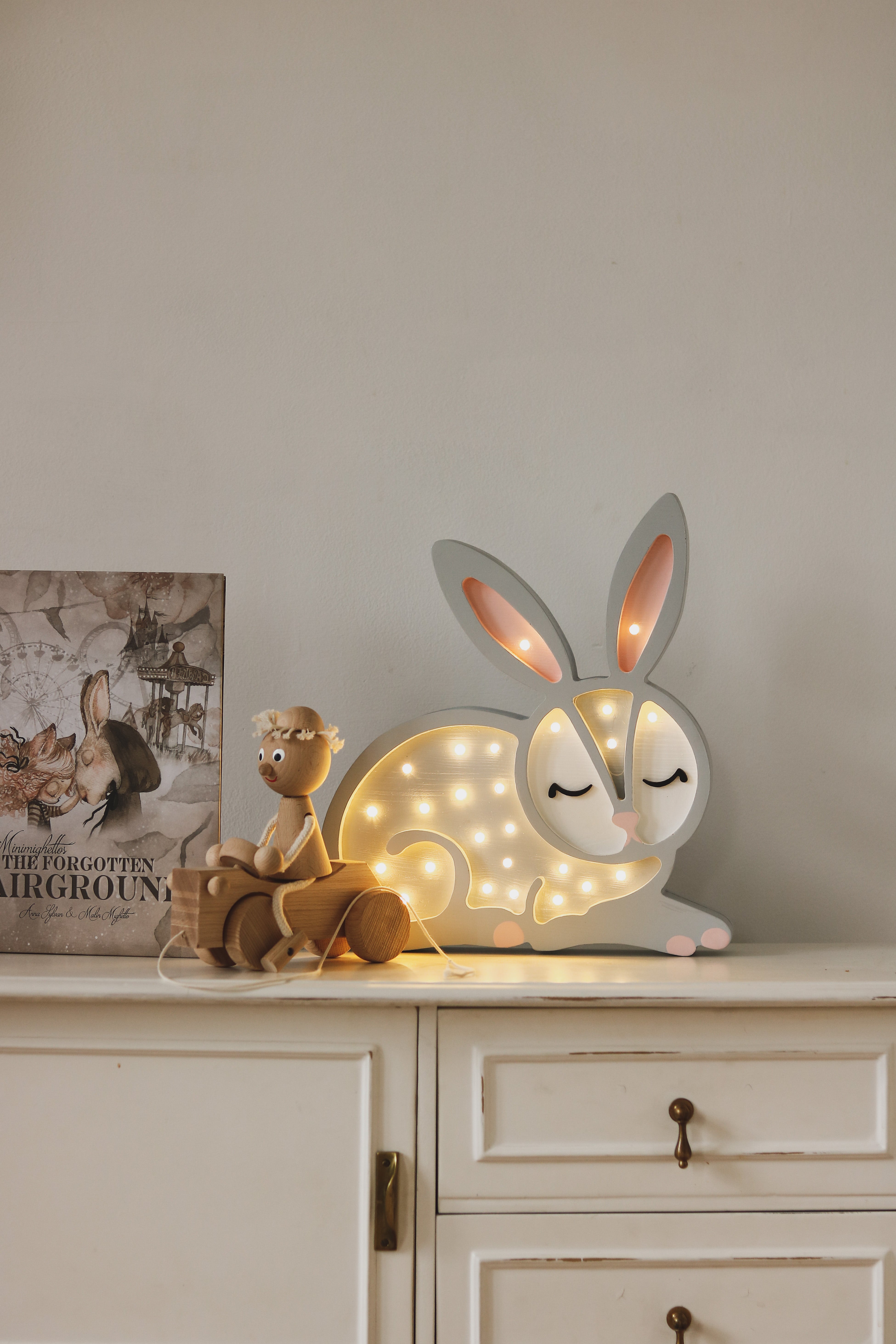 Gray Bunny Lamp – decorative night light handmade from wood for nursery