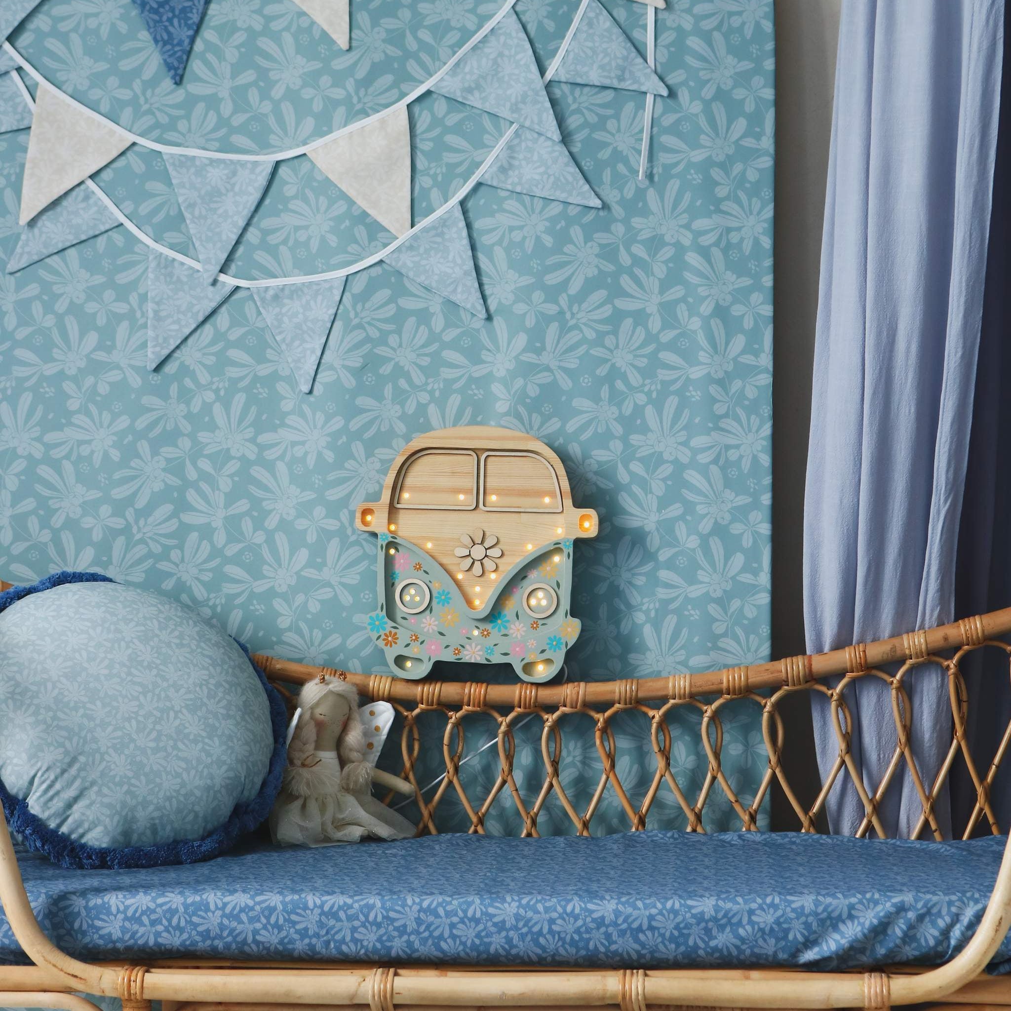 Little Lights Camper Van Flower Power lamp in a blue kid's room