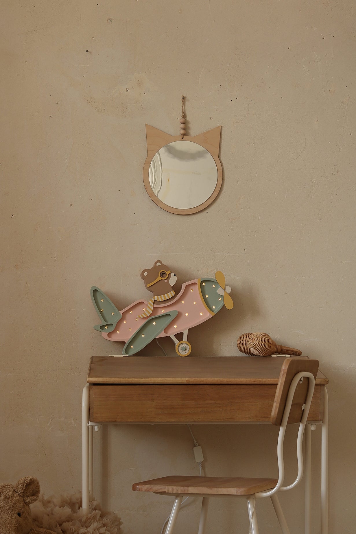 Candy Sweet airplane lamp with bear by Little Lights, wooden dimmable LED nursery lamp