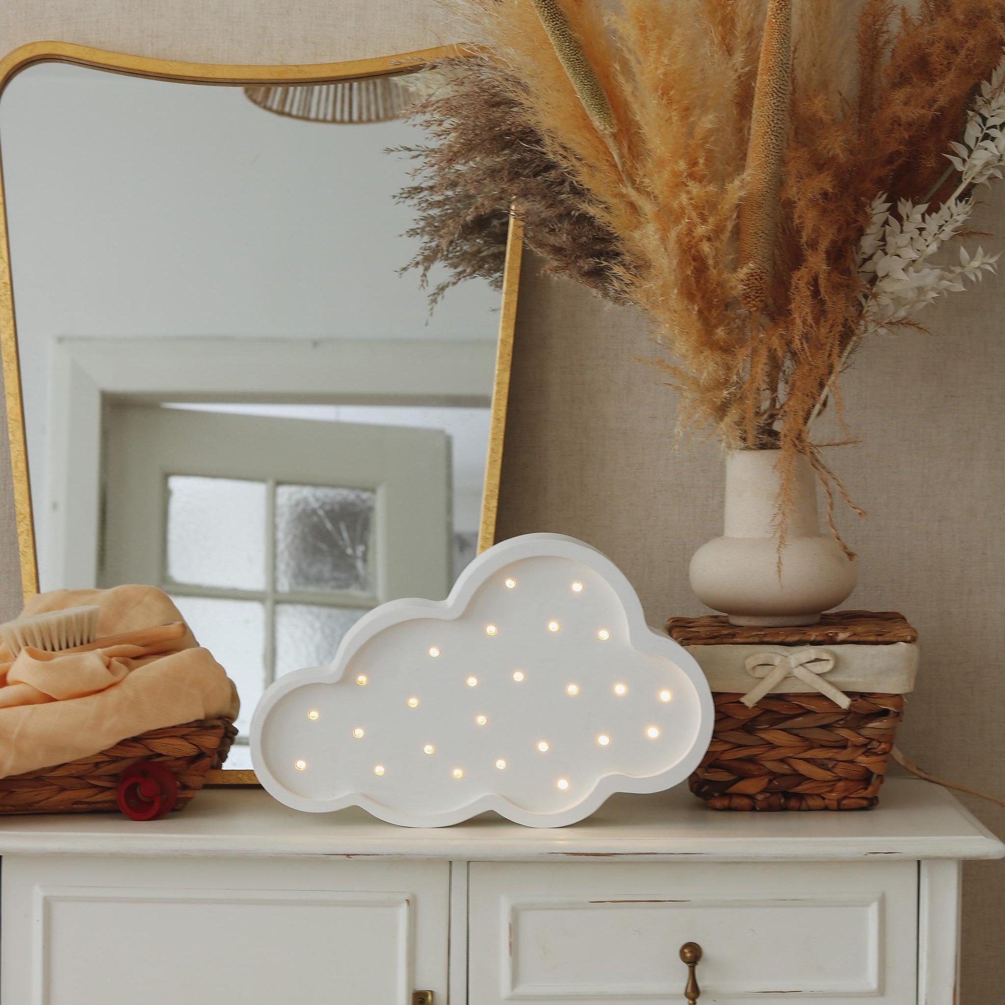 Little Lights Wooden Night Light glowing on a dresser