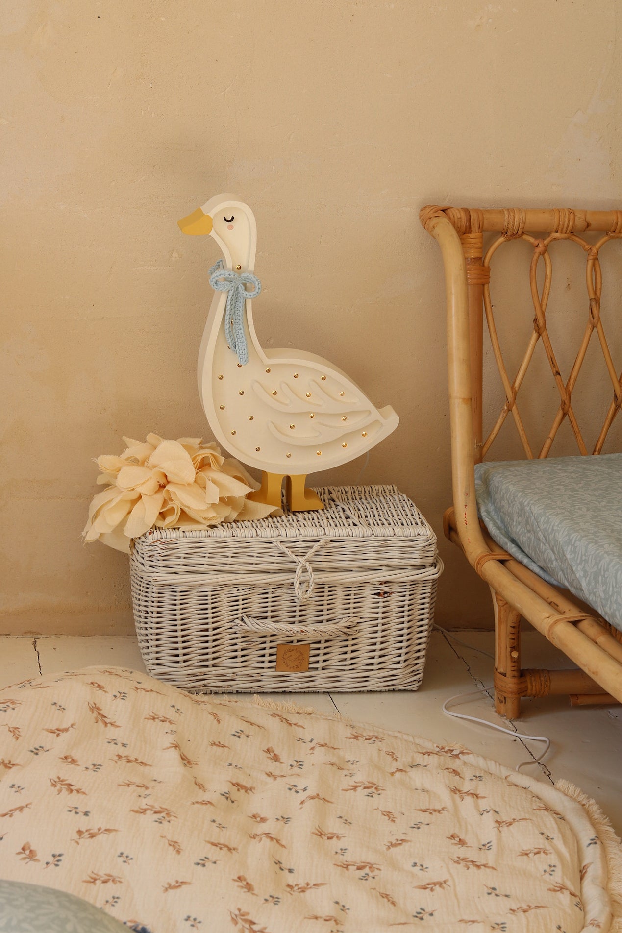 Cottage Blue Bow Goose Lamp – charming wooden lamp for kids’ room, perfect baby shower gift