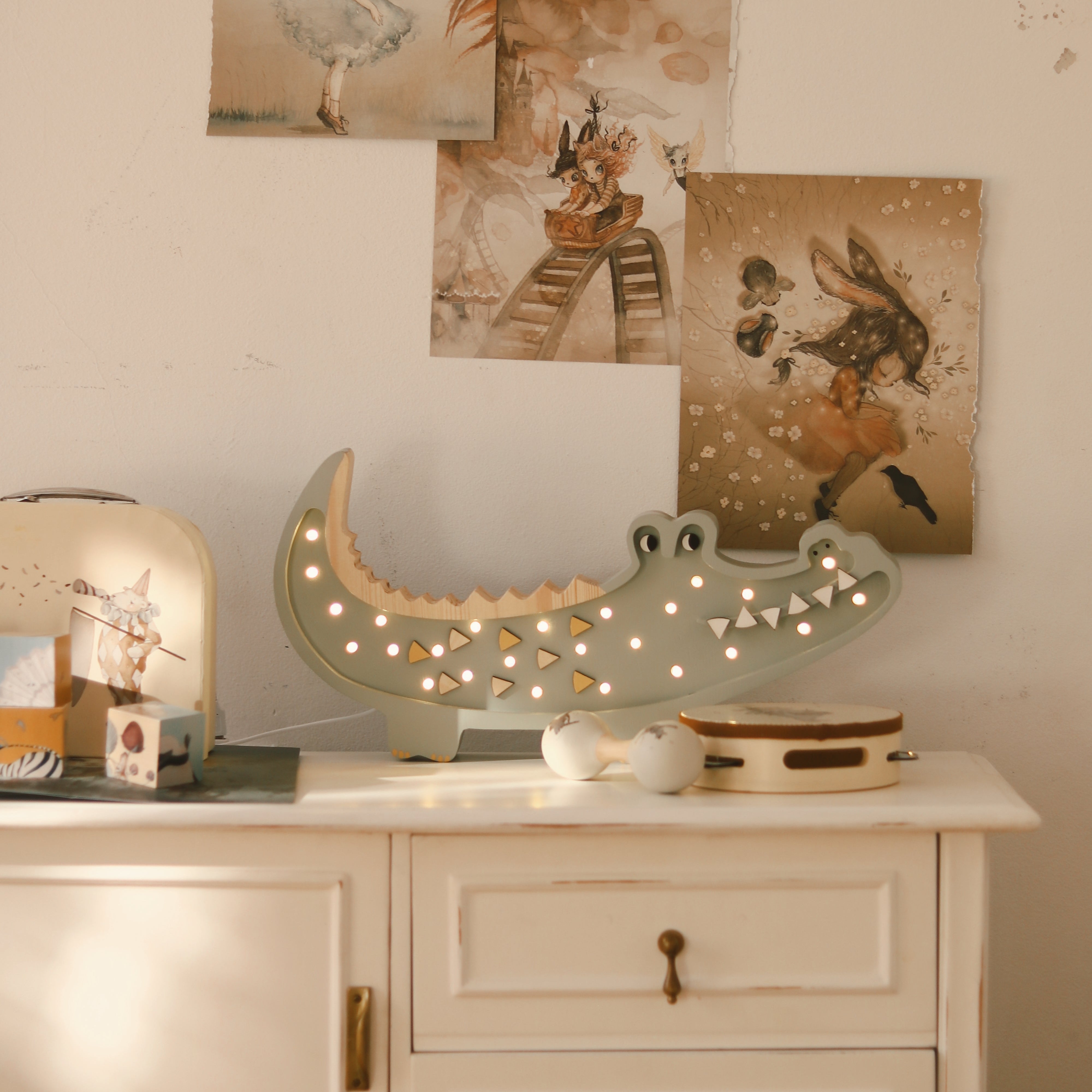 Handcrafted Pastel Khaki Crocodile Lamp – perfect nursery or baby gift