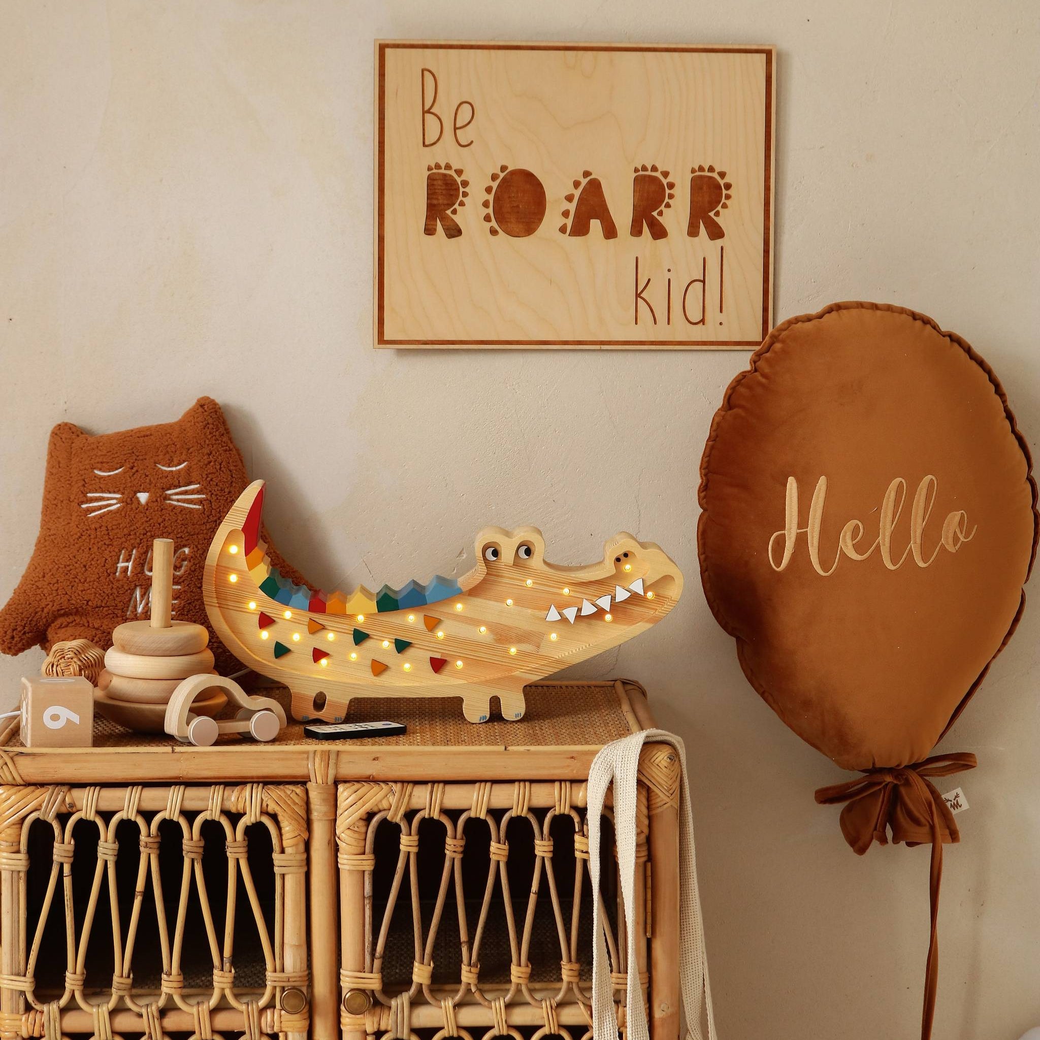 Little Lights HandmadeCrocodile Lamp on a dresser in kid's room