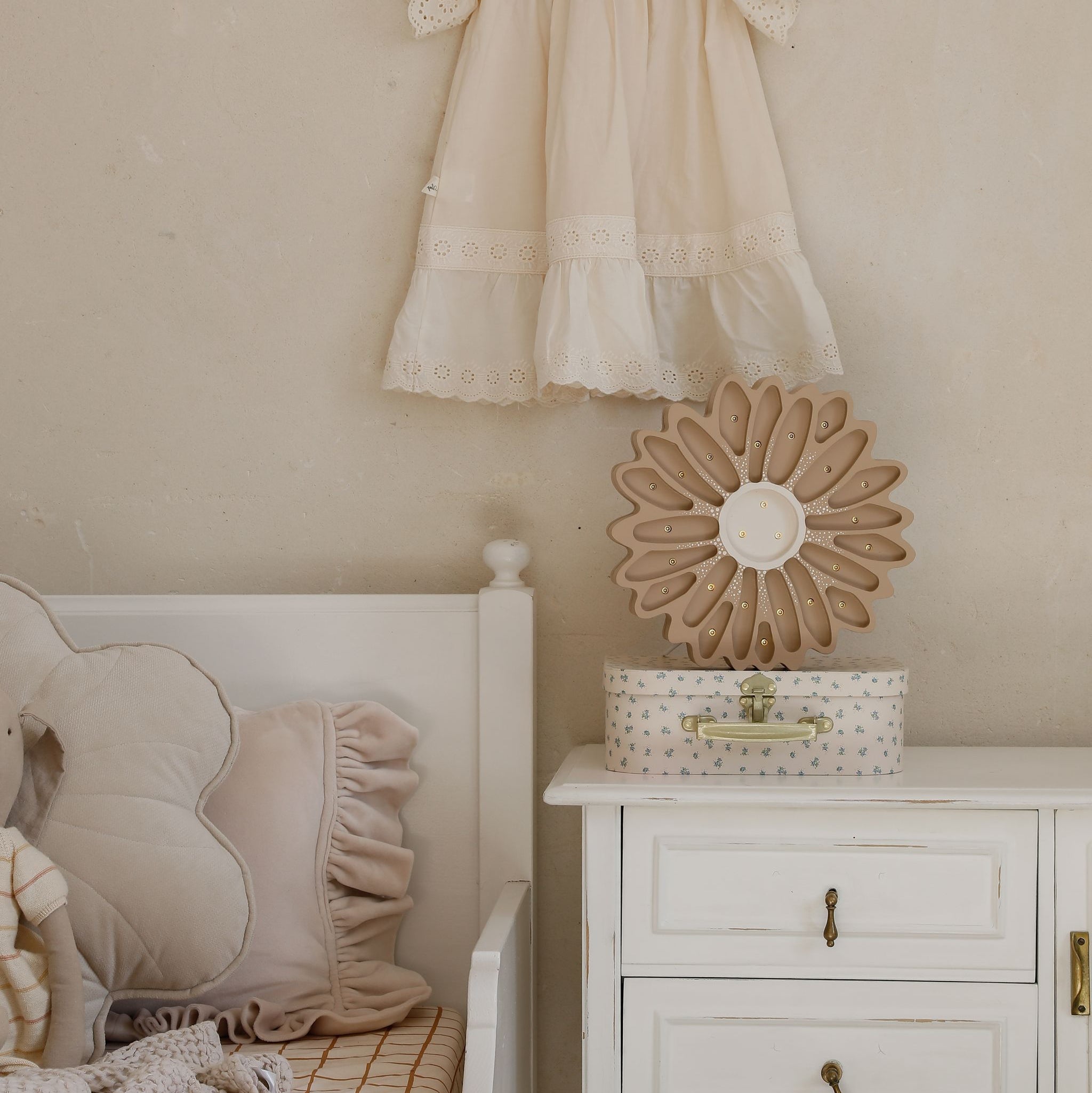 Little Lights Daisy Lamp Cappuccino dots on the dresser in the girl's bedroom