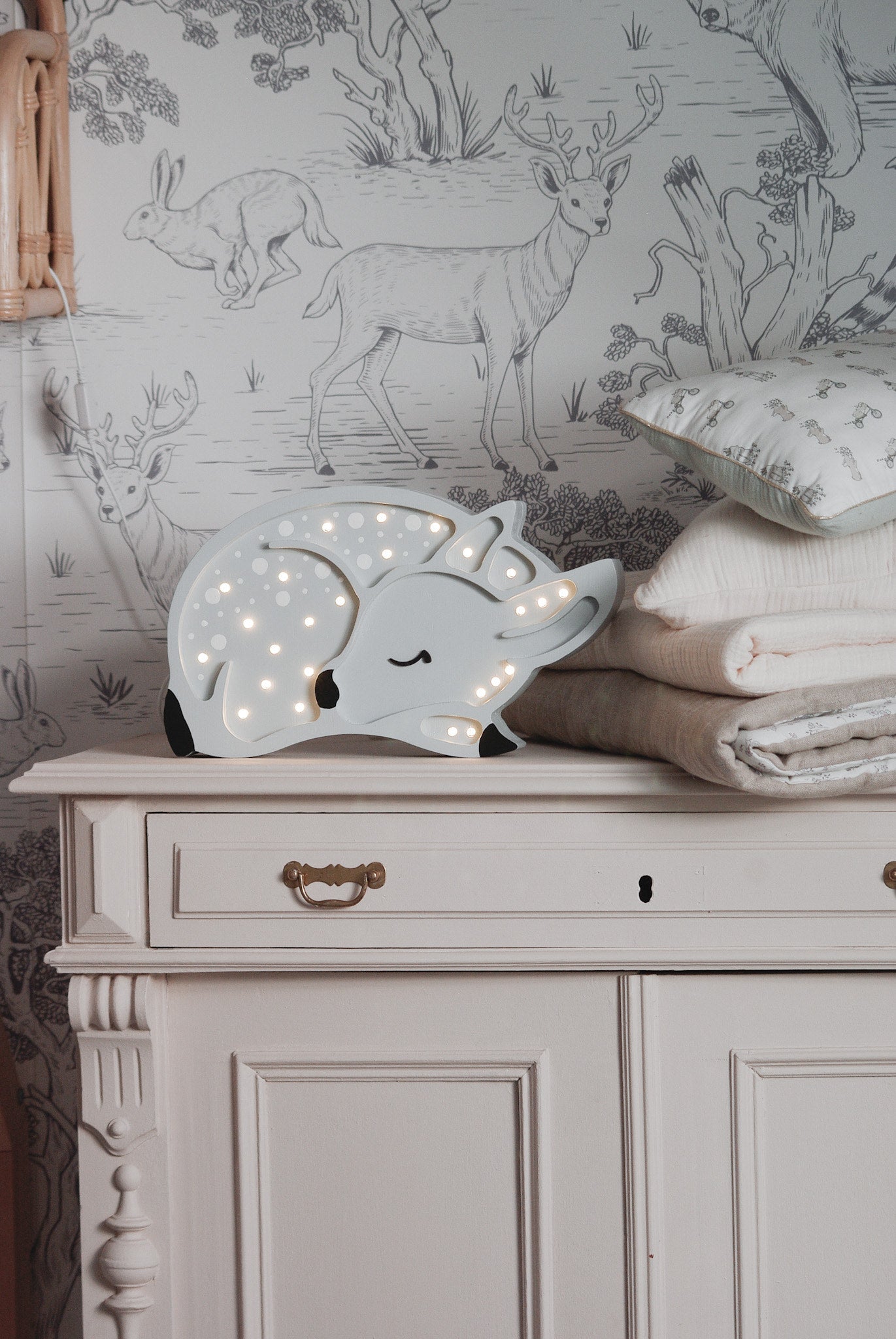 Grey Deer Lamp with dimmable LED light perfect for nursery rooms