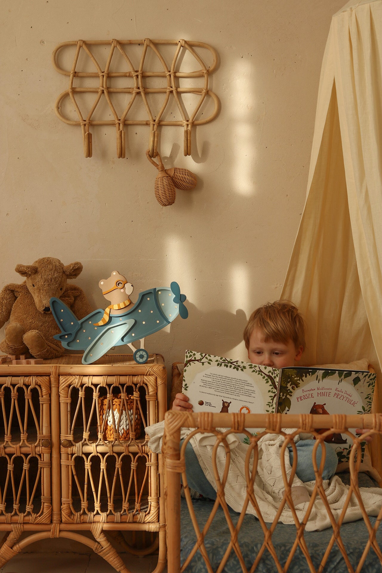 Little Lights Denim Blue vintage plane lamp with bear, remote-controlled LED kids lamp