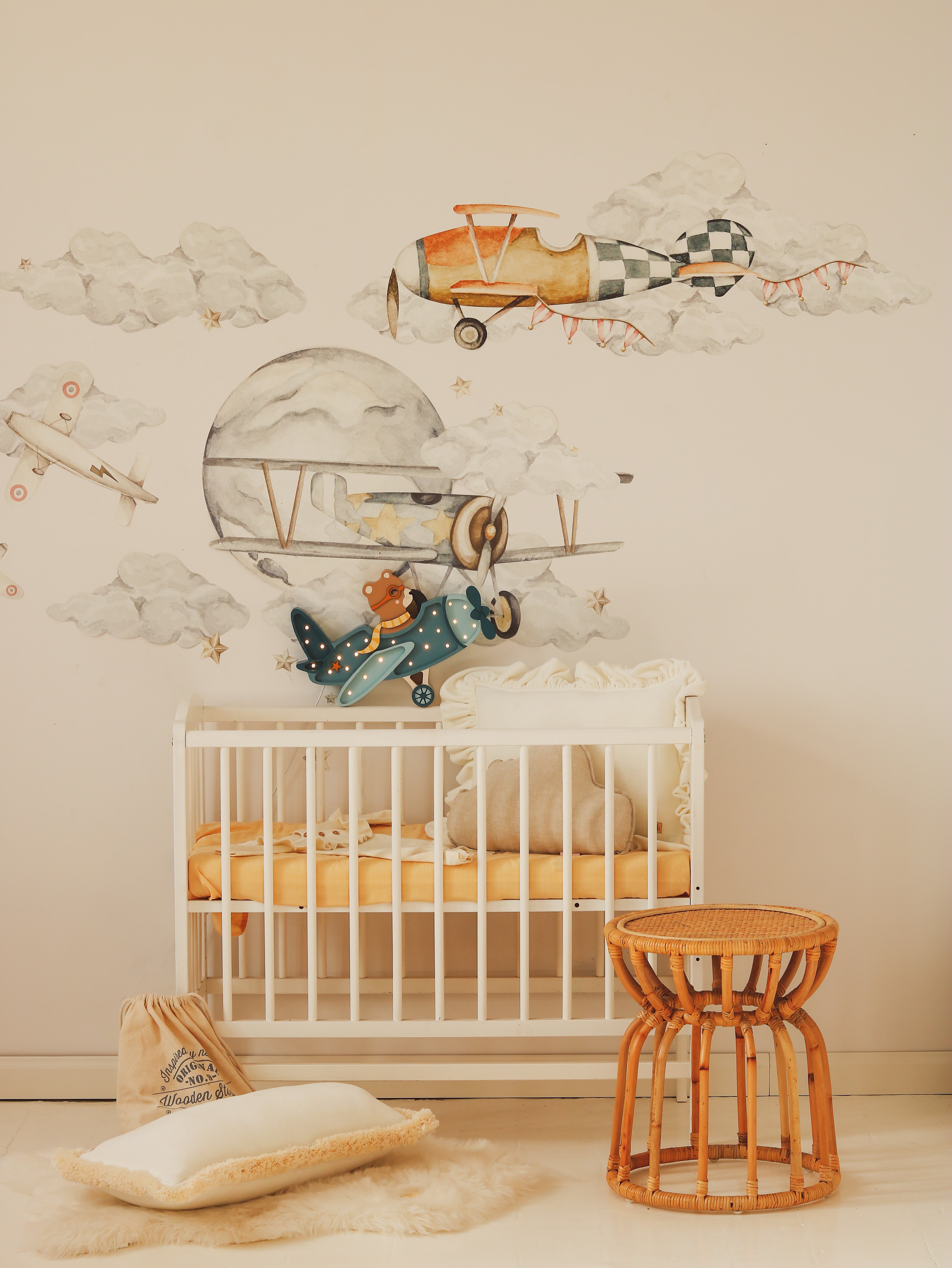 Denim Blue airplane lamp with bear by Little Lights, wooden dimmable LED nursery décor