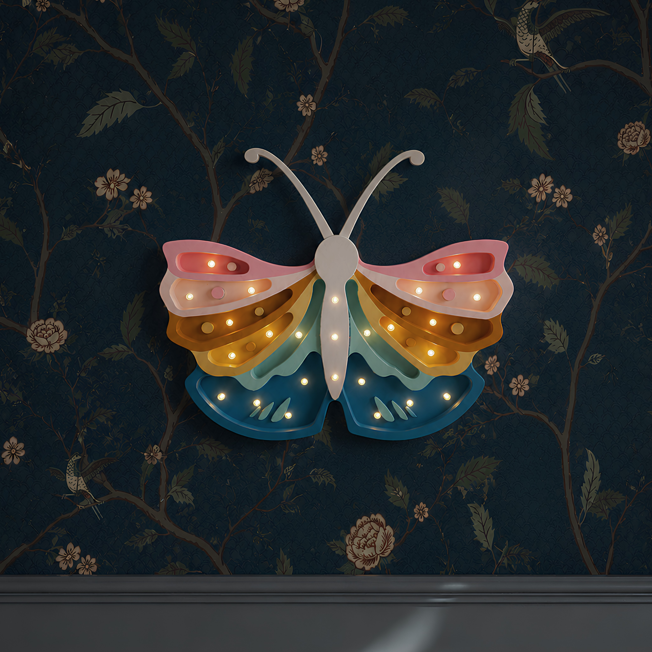 Little Lights colorful Butterfly lamp hanging on the wall in a kid's room