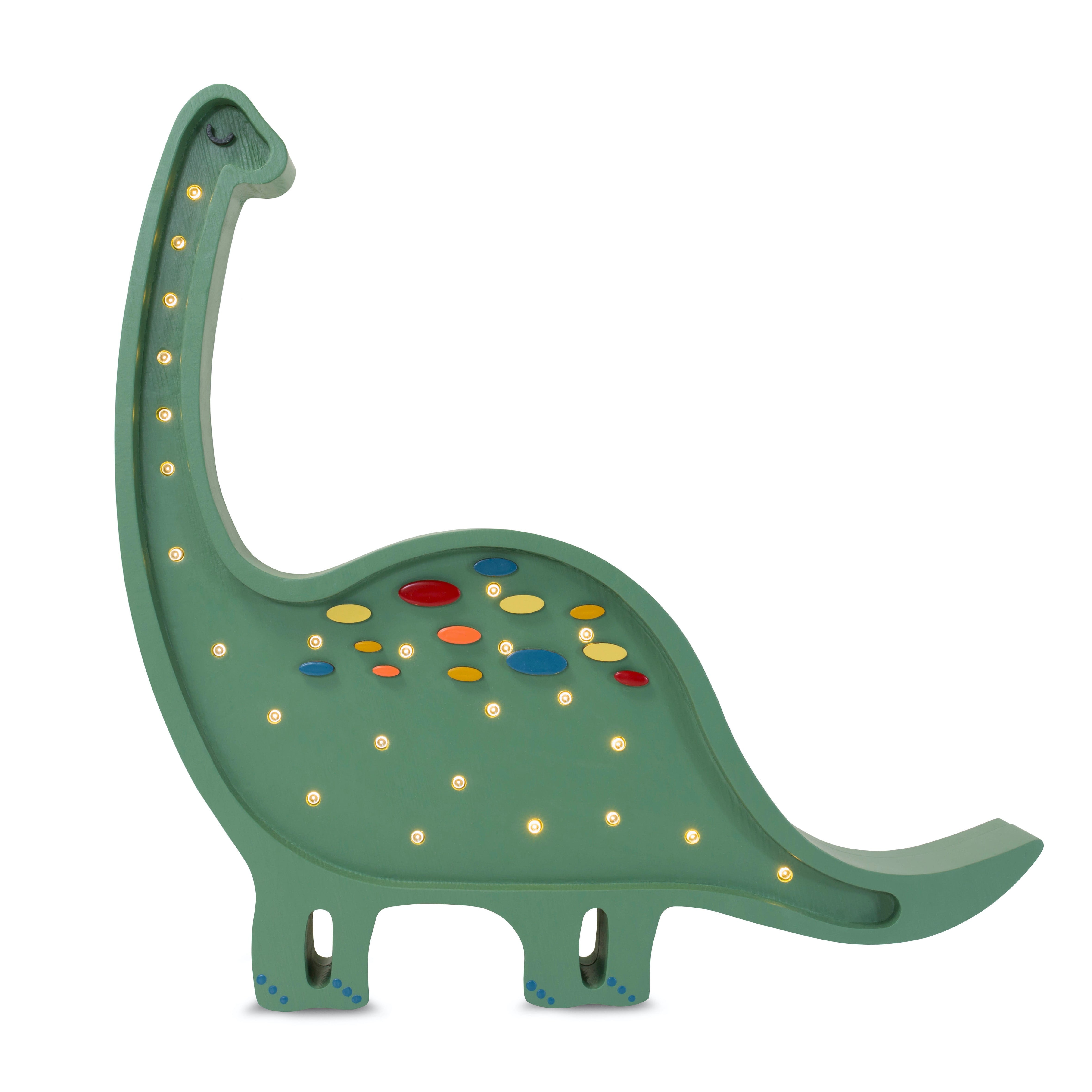 Confetti Green Dino Diplodocus Lamp – handmade wooden night light for kids