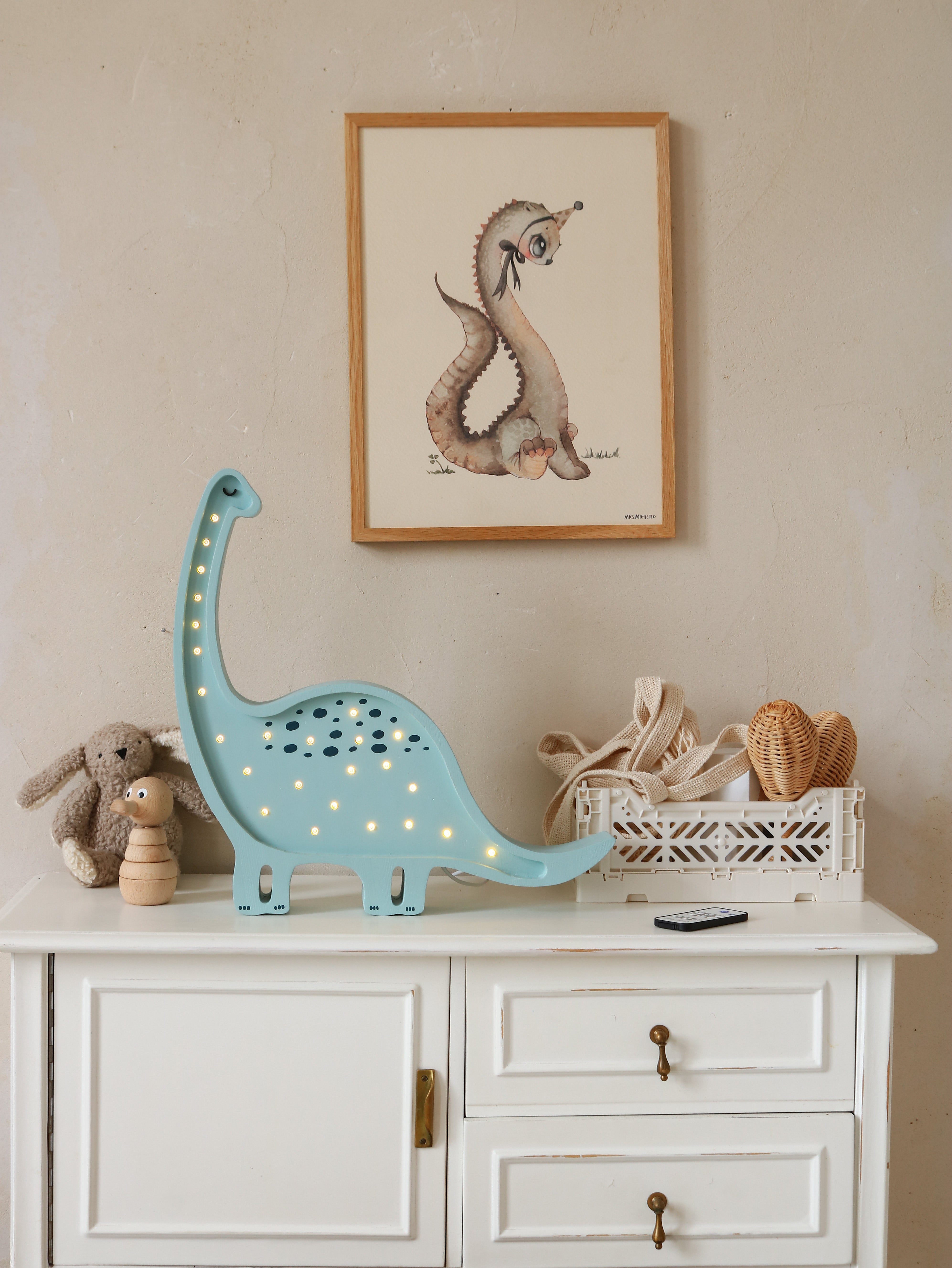 Dimmable LED Prehistoric Blue Dinosaur Lamp for nursery or kids room.