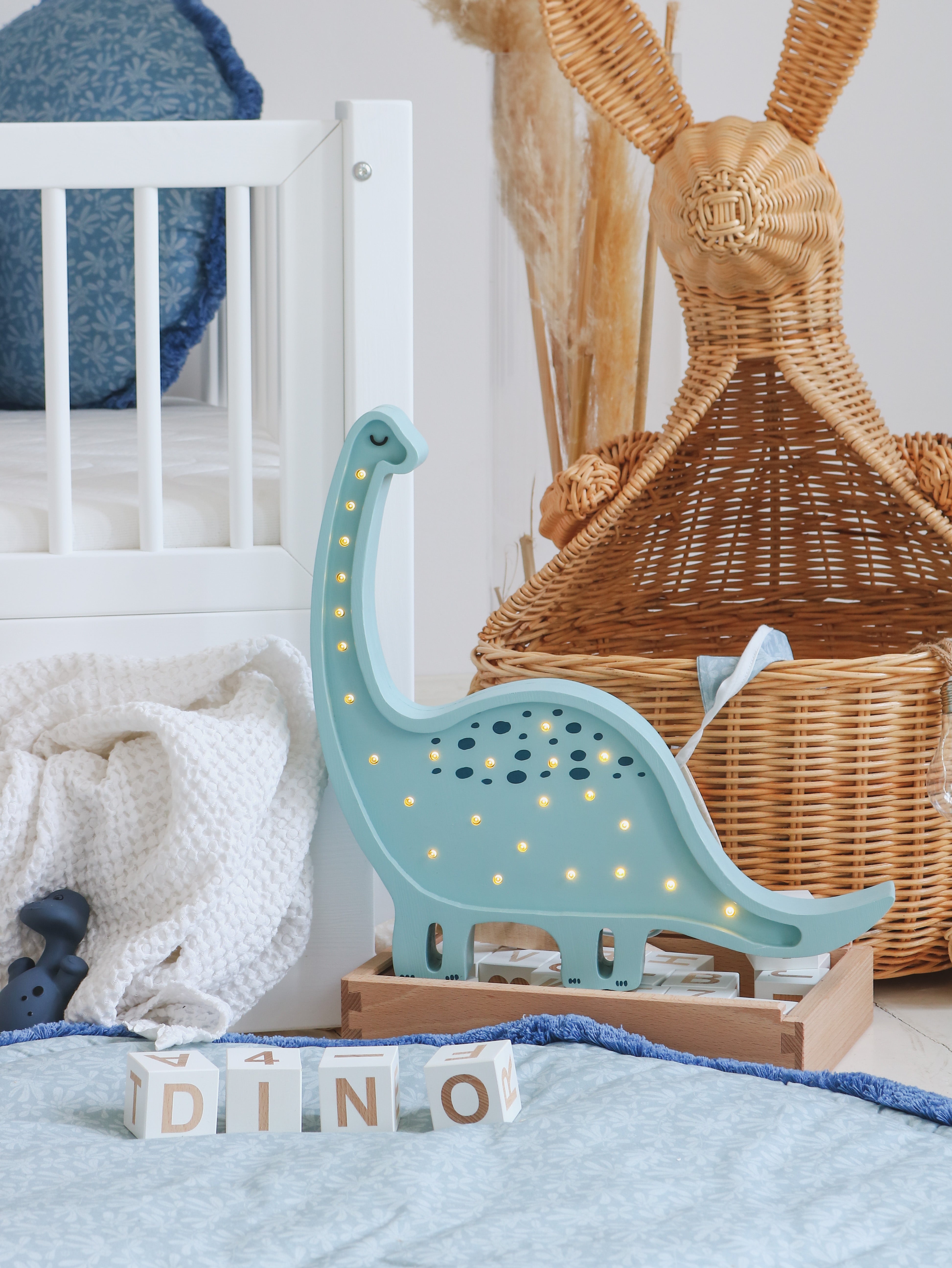 Wooden Diplodocus Lamp in Prehistoric Blue with remote control for adjustable glow