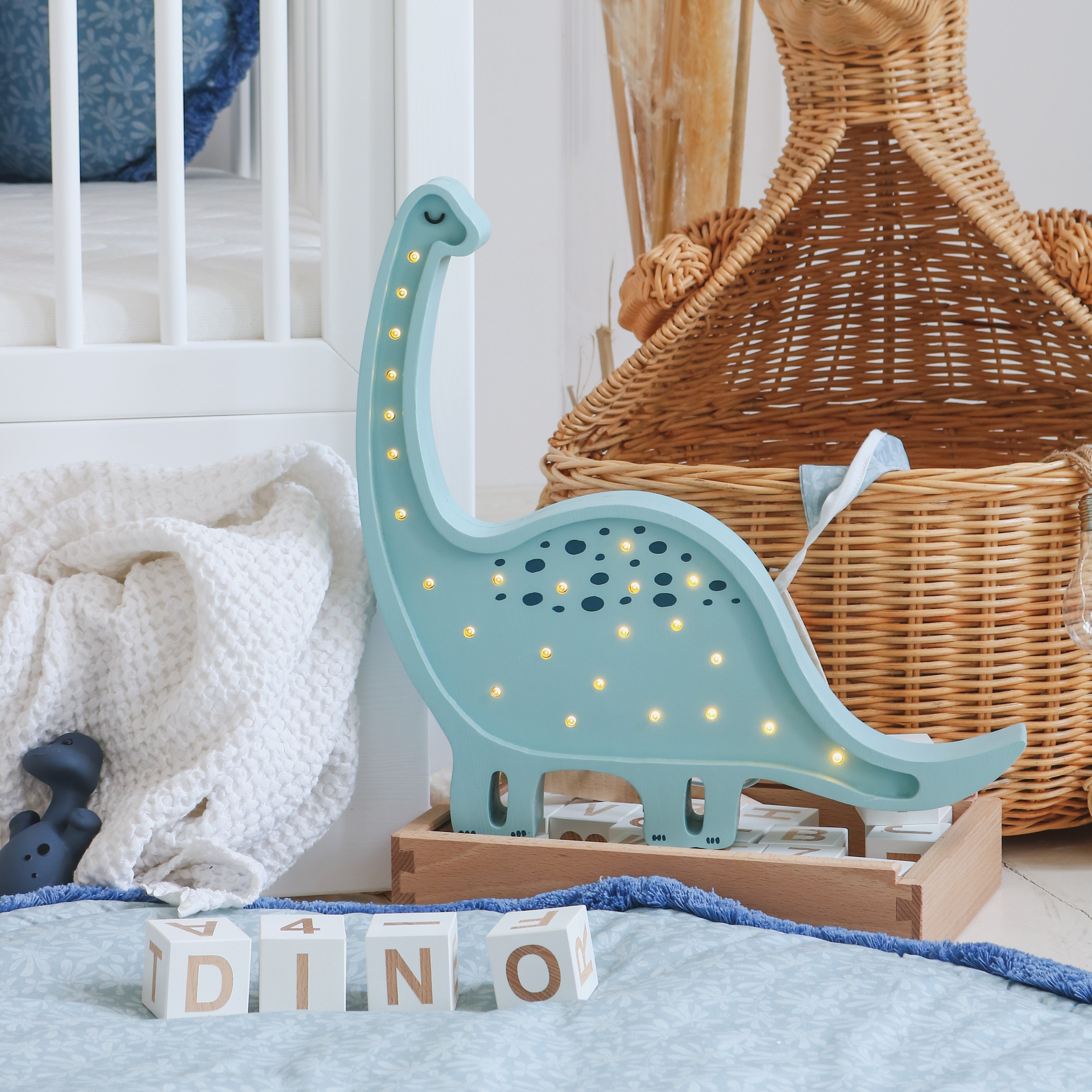 Little Lights Dino BLue Lamp in a boy's room
