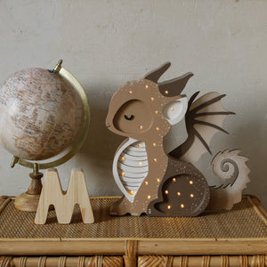 Close-up of Tiramisu Brown Dragon Lamp – ideal wooden baby gift night-light