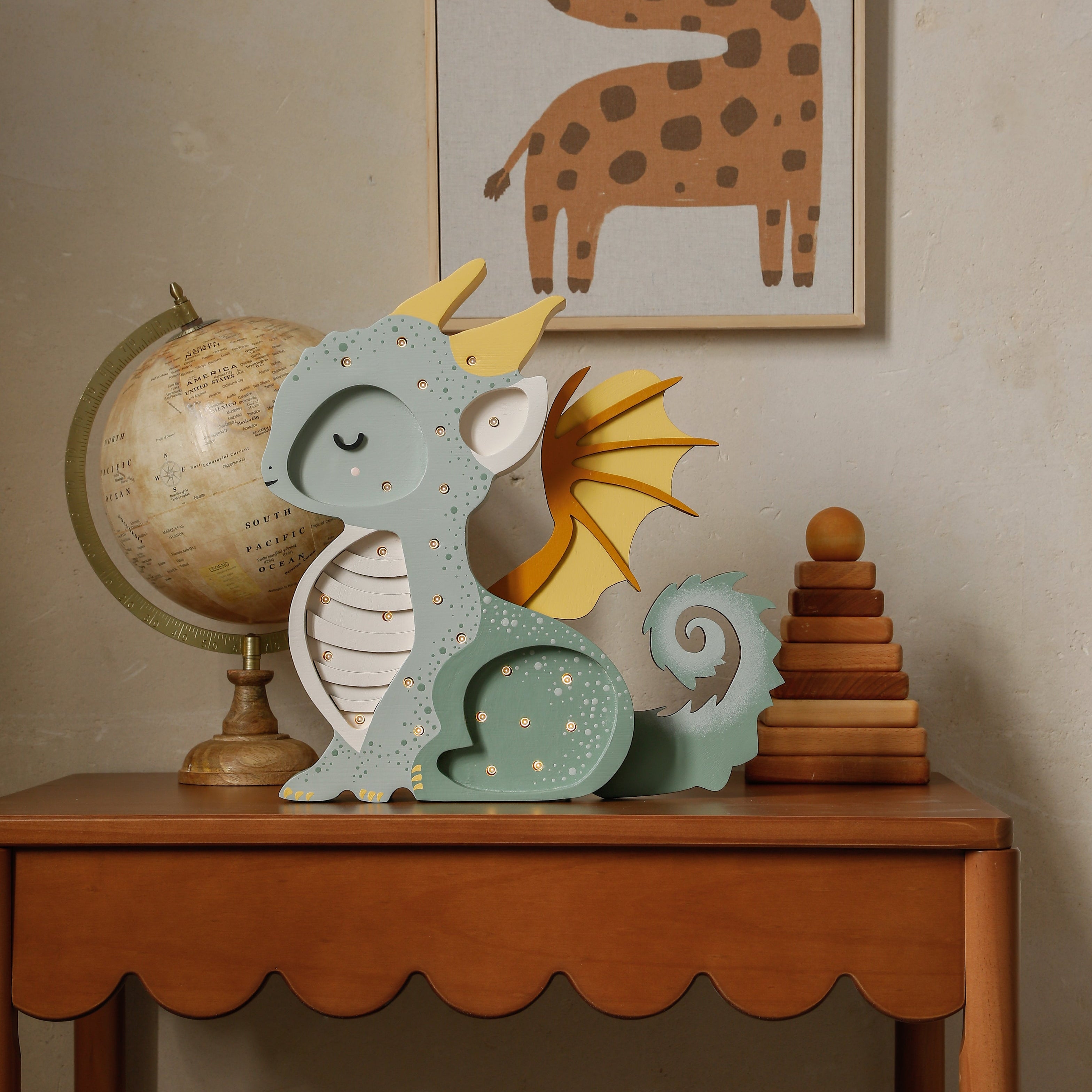 Little Lights Wooden Green Dragon Lamp in a child's room