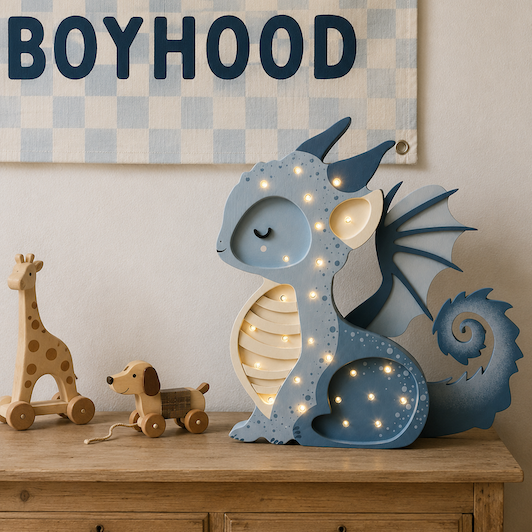 Little Lights Baby dragon blue lamp on a dresser in a boy's room