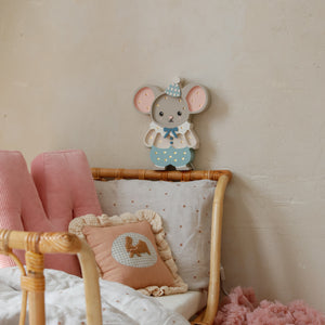 Felix the Mouse Lamp glowing in nursery – decorative wooden night light for baby’s nursery