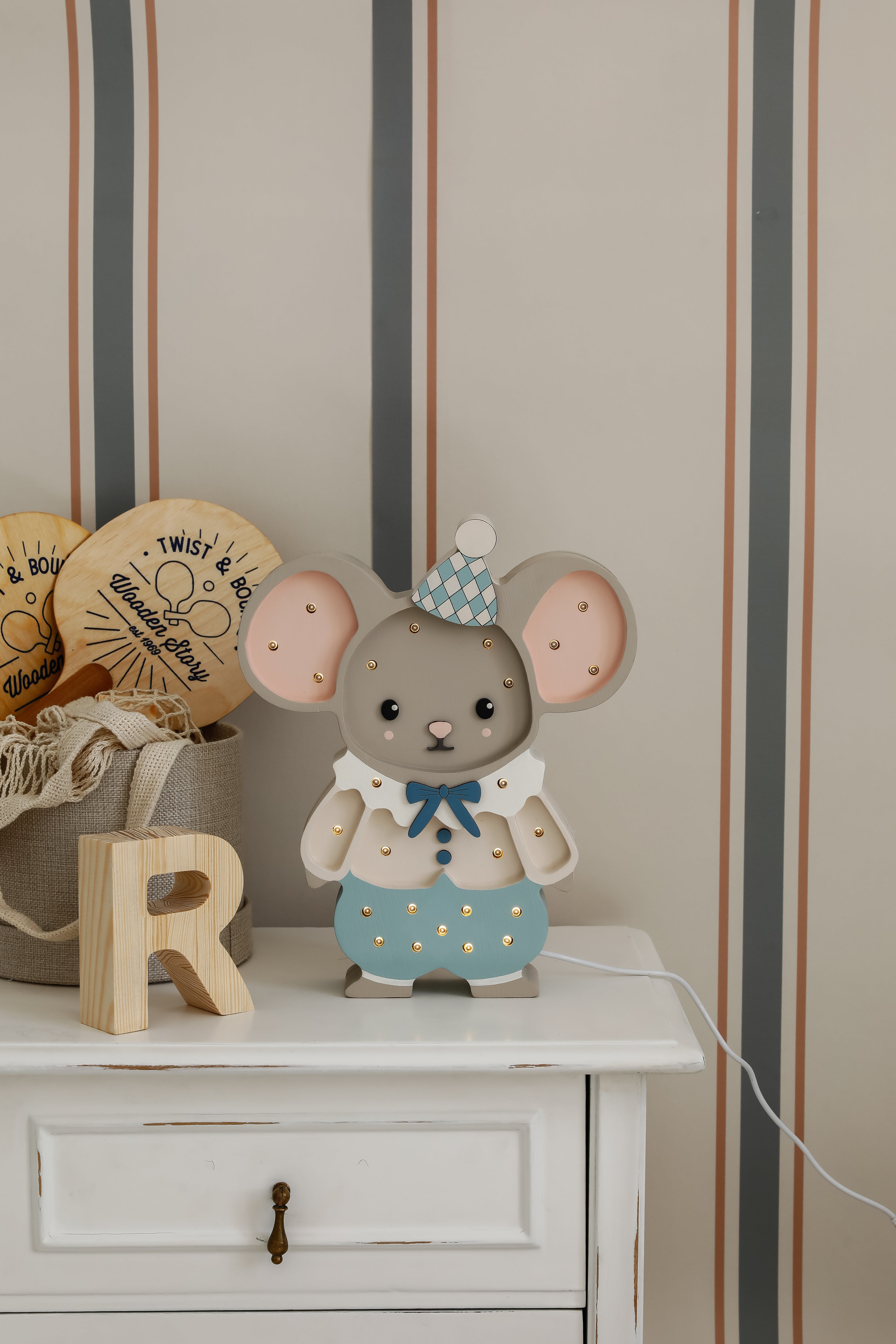 Cloudy Blue Felix the Mouse Lamp – handmade wooden nursery lamp by Little Lights