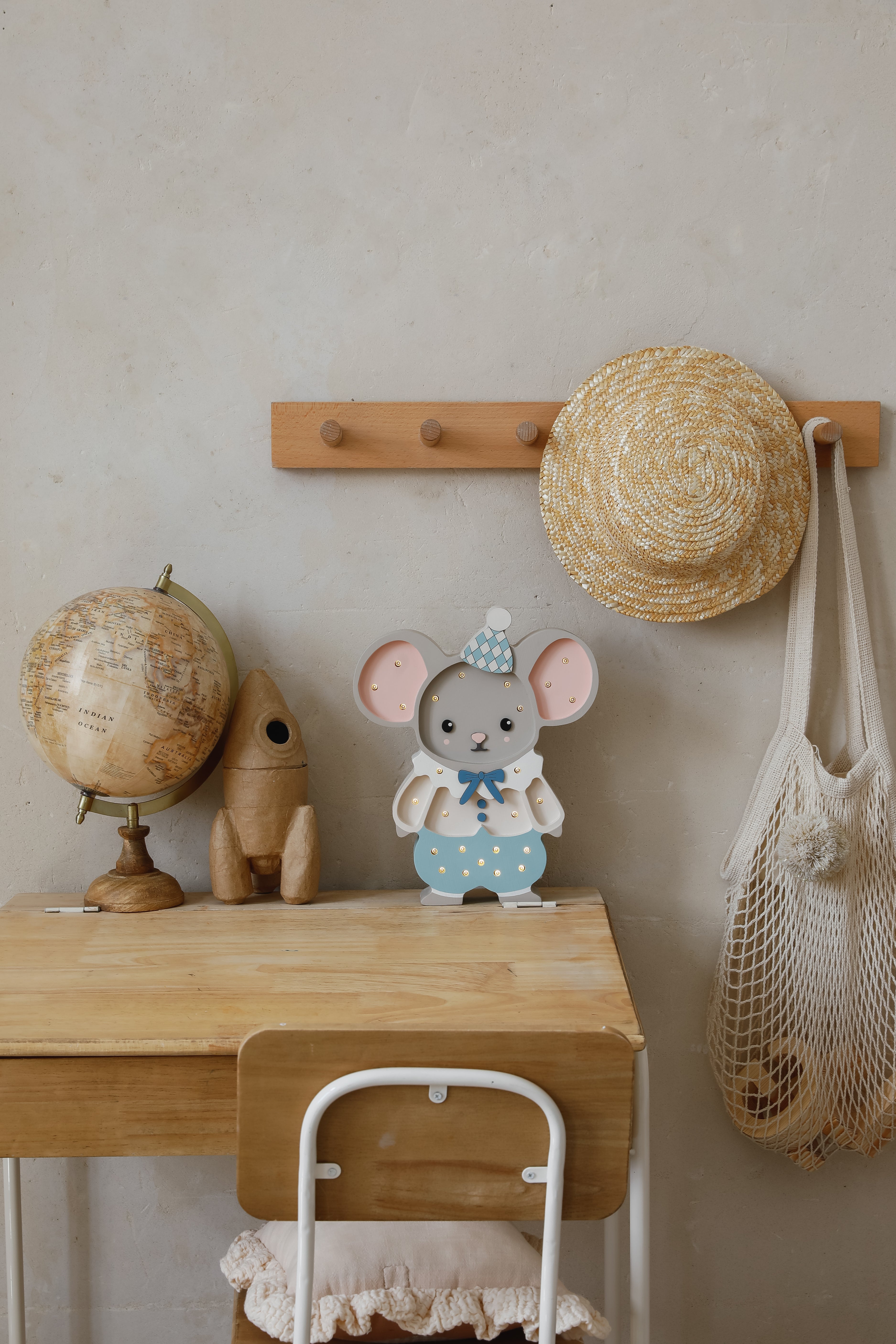 Wooden Cloudy Blue Felix the Mouse Lamp with remote control for adjustable brightness.