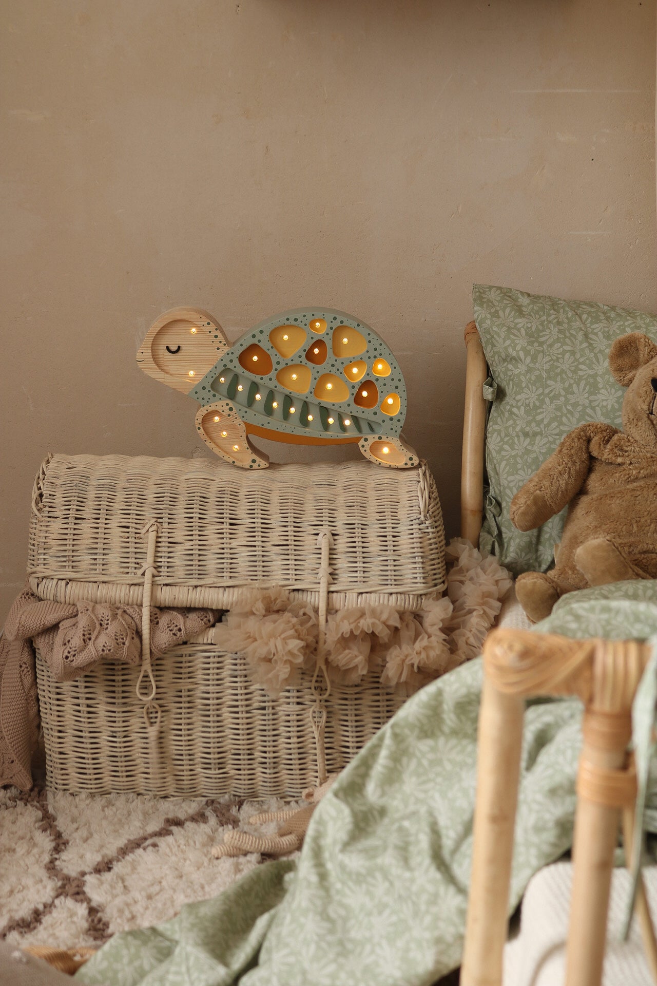 Cozy Galapagos Sage turtle lamp by Little Lights, handmade wooden nursery decor