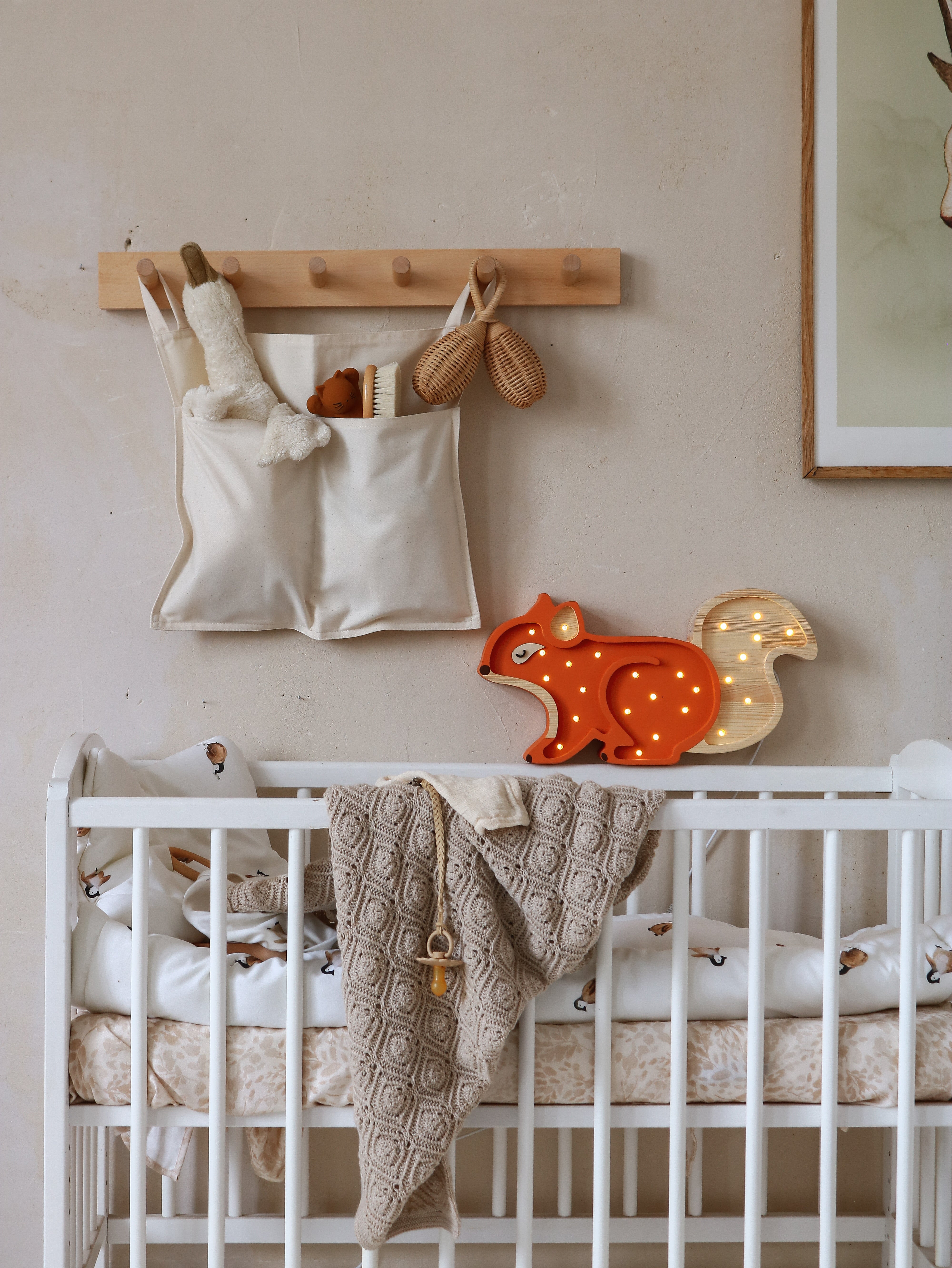 Little Lights Squirrel night light in Ginger Wood, handmade wooden nursery lamp with dimmable LED and remote