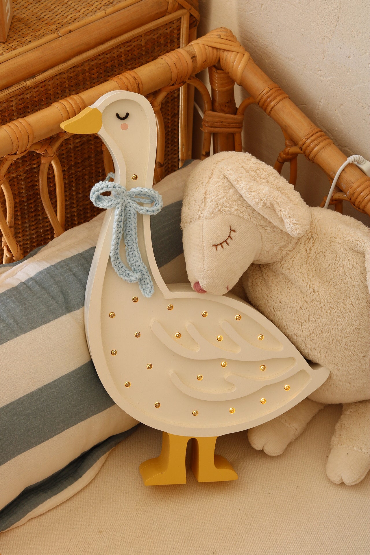 Goose Lamp with Cottage Blue Bow – handcrafted dimmable night light, ideal for nursery decor