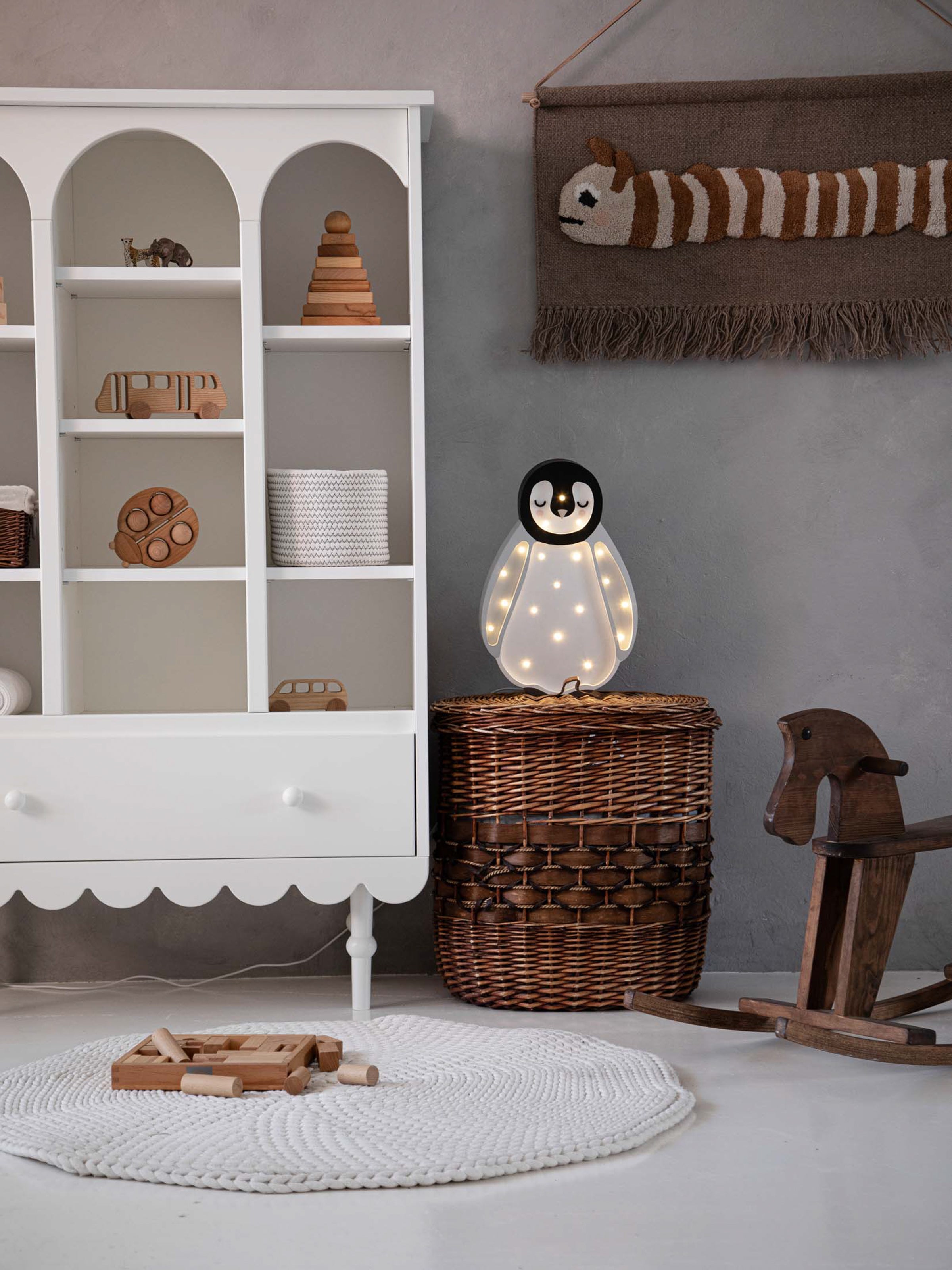 Little Lights gray wooden penguin lamp, handcrafted with LED dimmable lighting for nursery decor