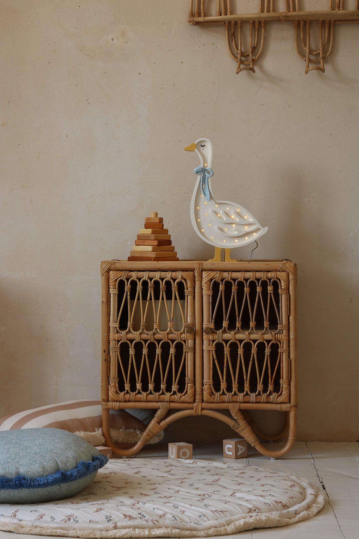 Handcrafted Goose Lamp in Cottage Blue Bow – wooden baby gift and cozy night light for children