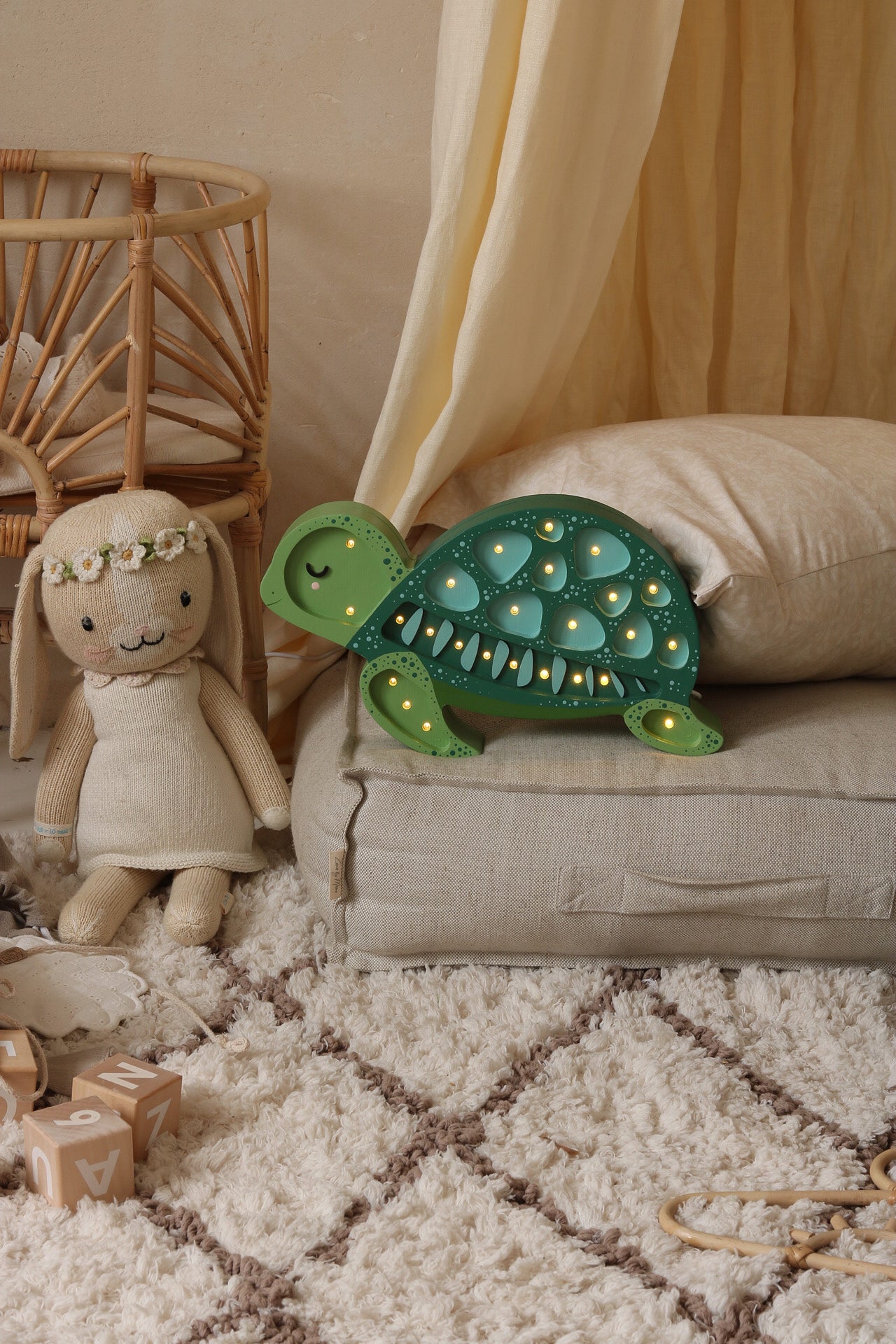 Handmade wooden turtle night light in Ocean Green, soft LED nursery decor
