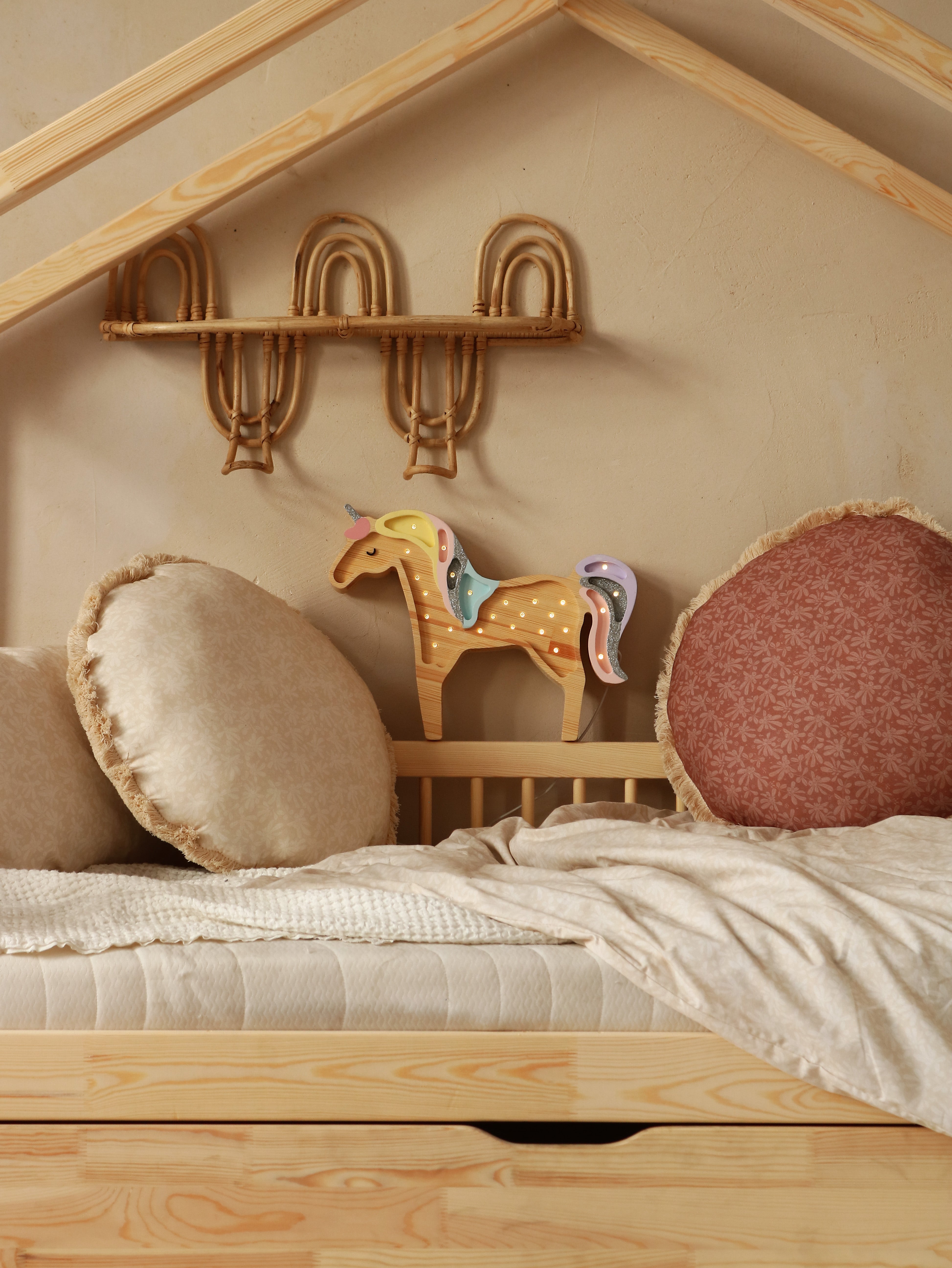 Little Lights Rainbow Wood unicorn lamp with remote, handmade wooden girls room décor